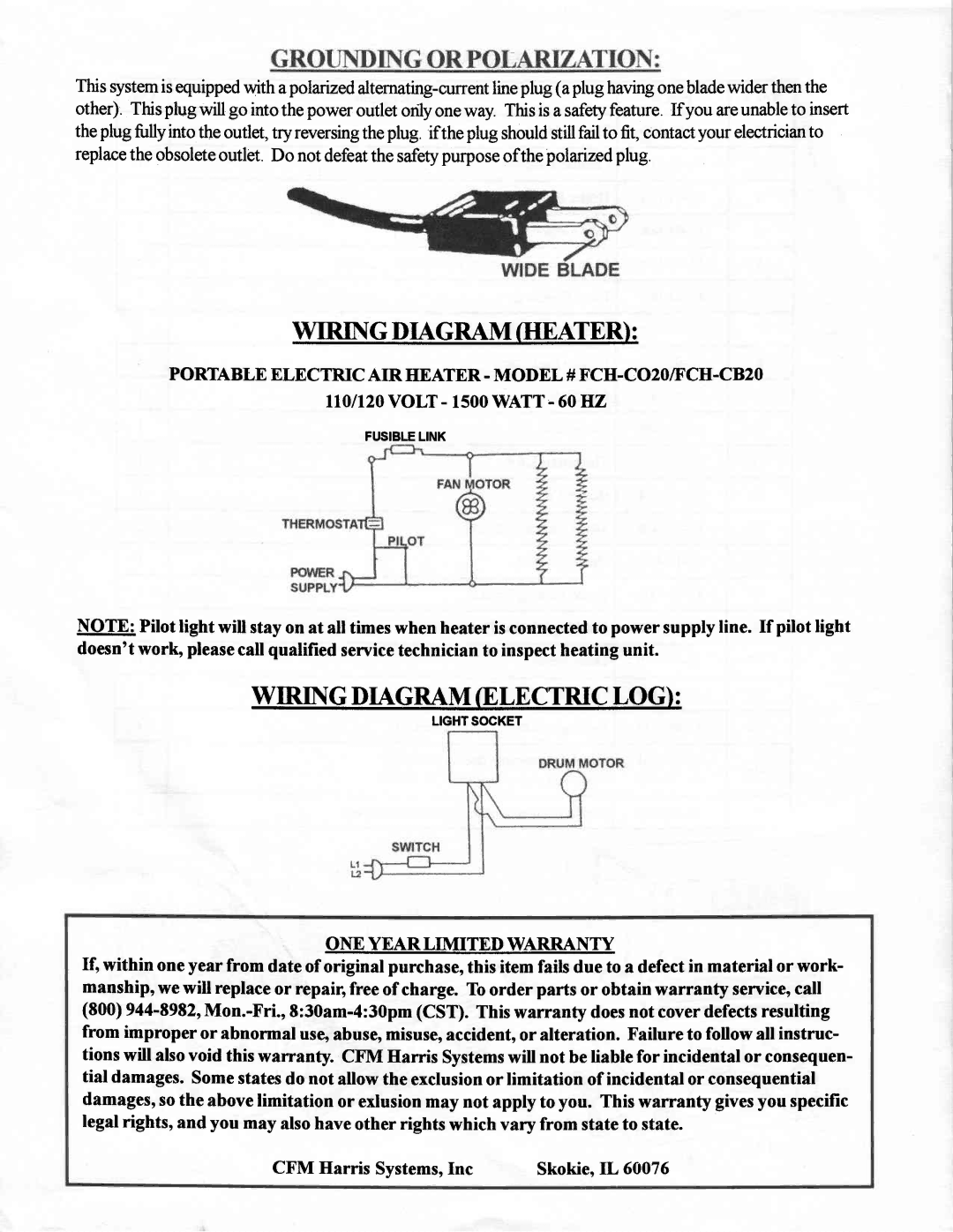 Vermont Casting FCH-CB2O, FCH-CO2O Wiring Diagram Heater, Portableelectric AIR IINATER. Model # FCII.CO2OIFCH.CB2O 