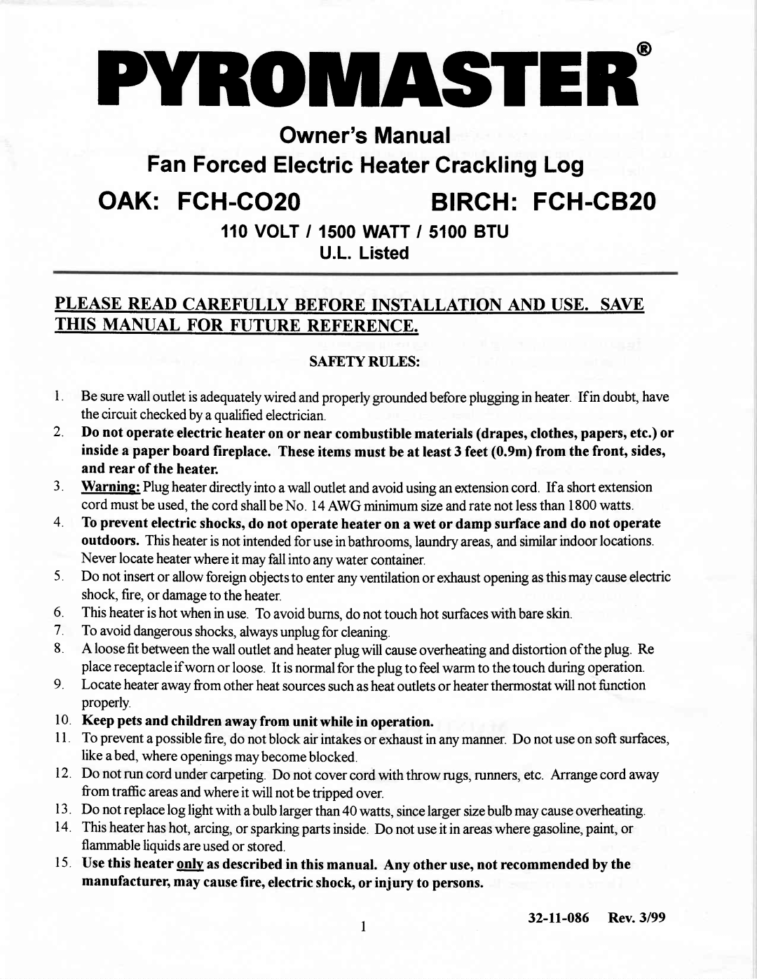 Vermont Casting owner manual Momasteh, OAK FCH-CO2O BIRCH FCH-C820, OwnersManual FanForcedElectricHeaterCracklingLog 