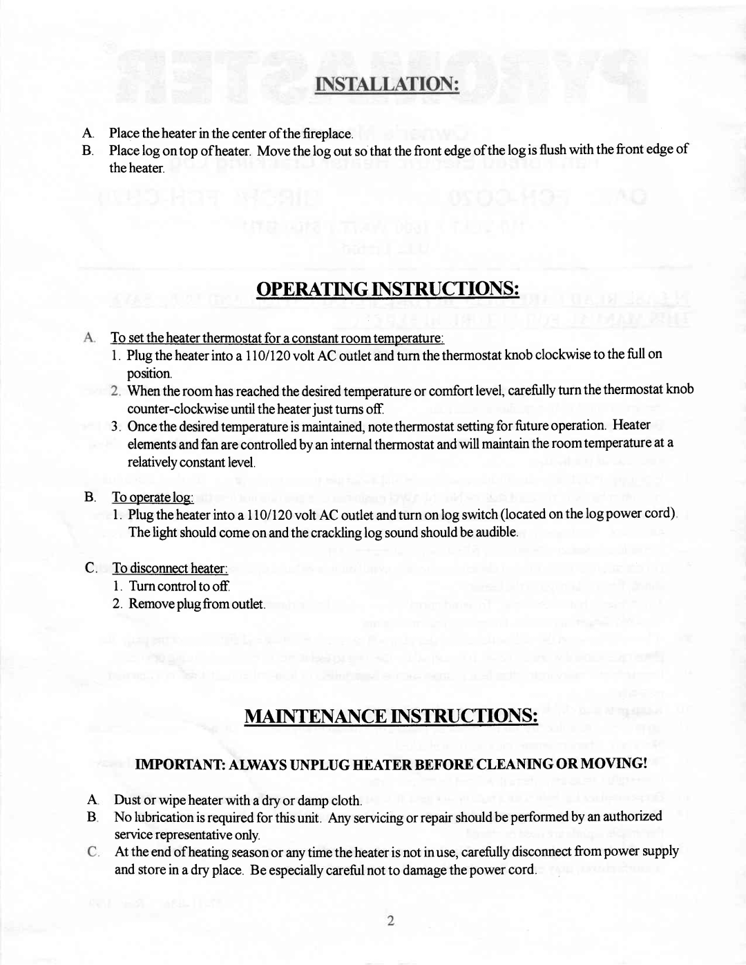 Vermont Casting FCH-CB2O, FCH-CO2O owner manual Operatngnstructions, Maintenance Instructions 
