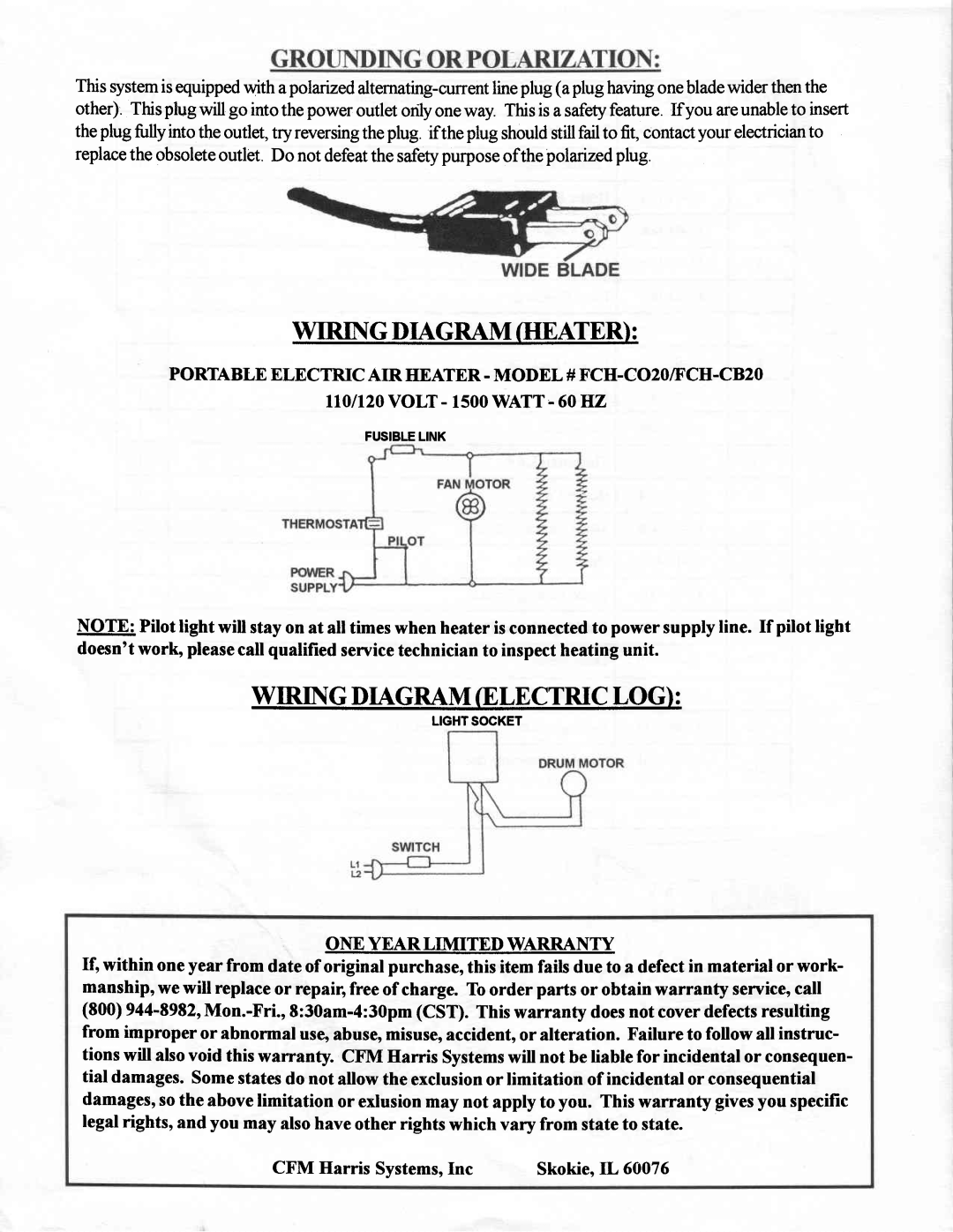 Vermont Casting FCH-CB2O, FCH-CO2O Wiring Diagram Heater, Wirng Diagramelectriclog, rt0/r20 voLT - 1500WATT- 60H2 