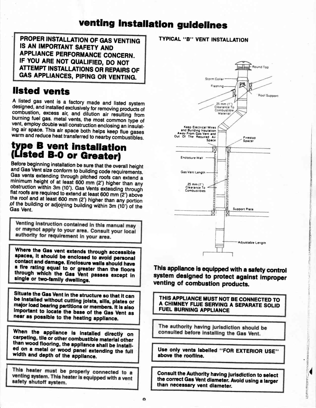 Vermont Casting G400 owner manual Yentlng Instaltailon guldeflnes, Flsted vents, Typicalb Ventitstallation, Exterioruse 