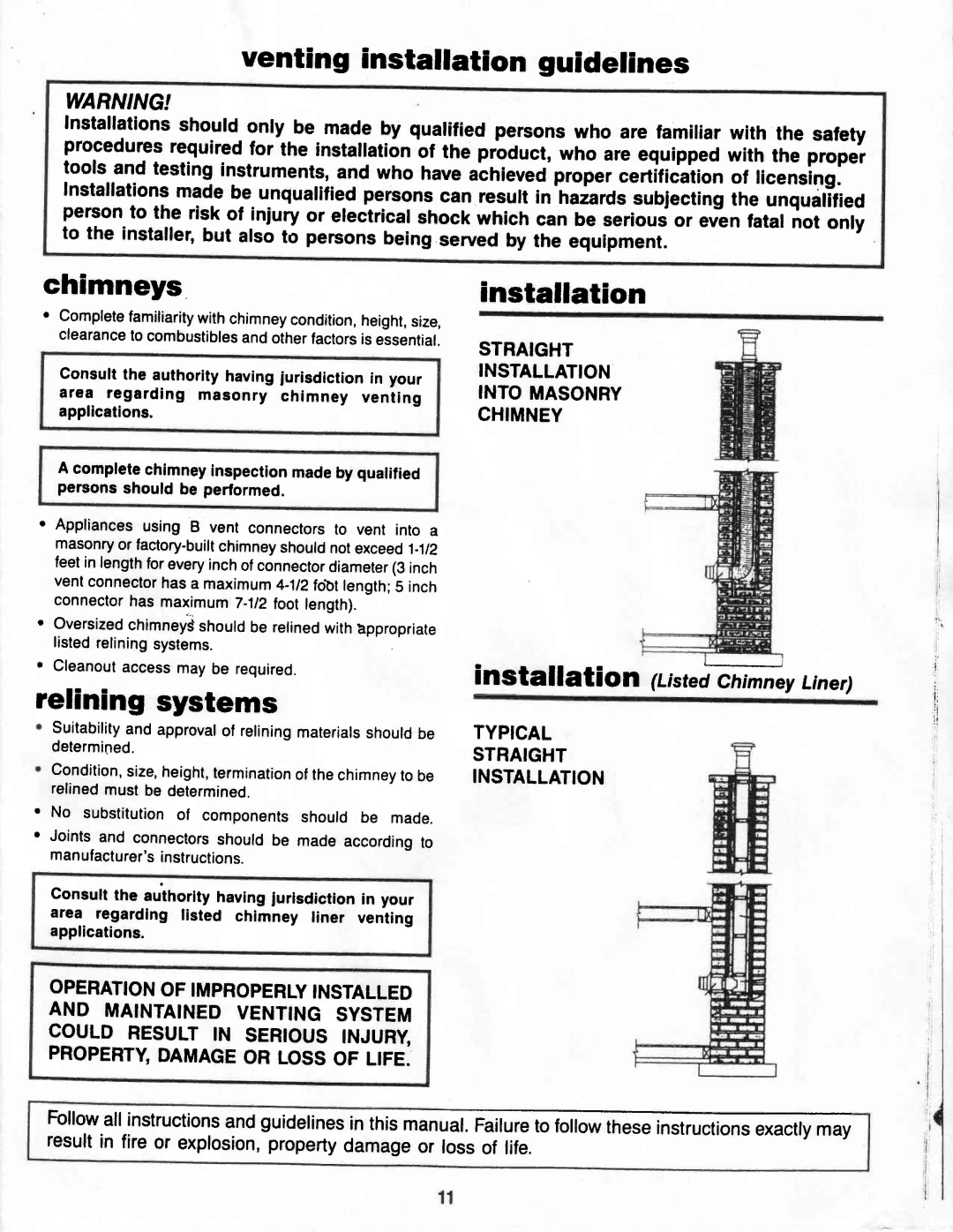 Vermont Casting G400 owner manual Venting installation guidelines, Chimneys, Relining systems, Installation 