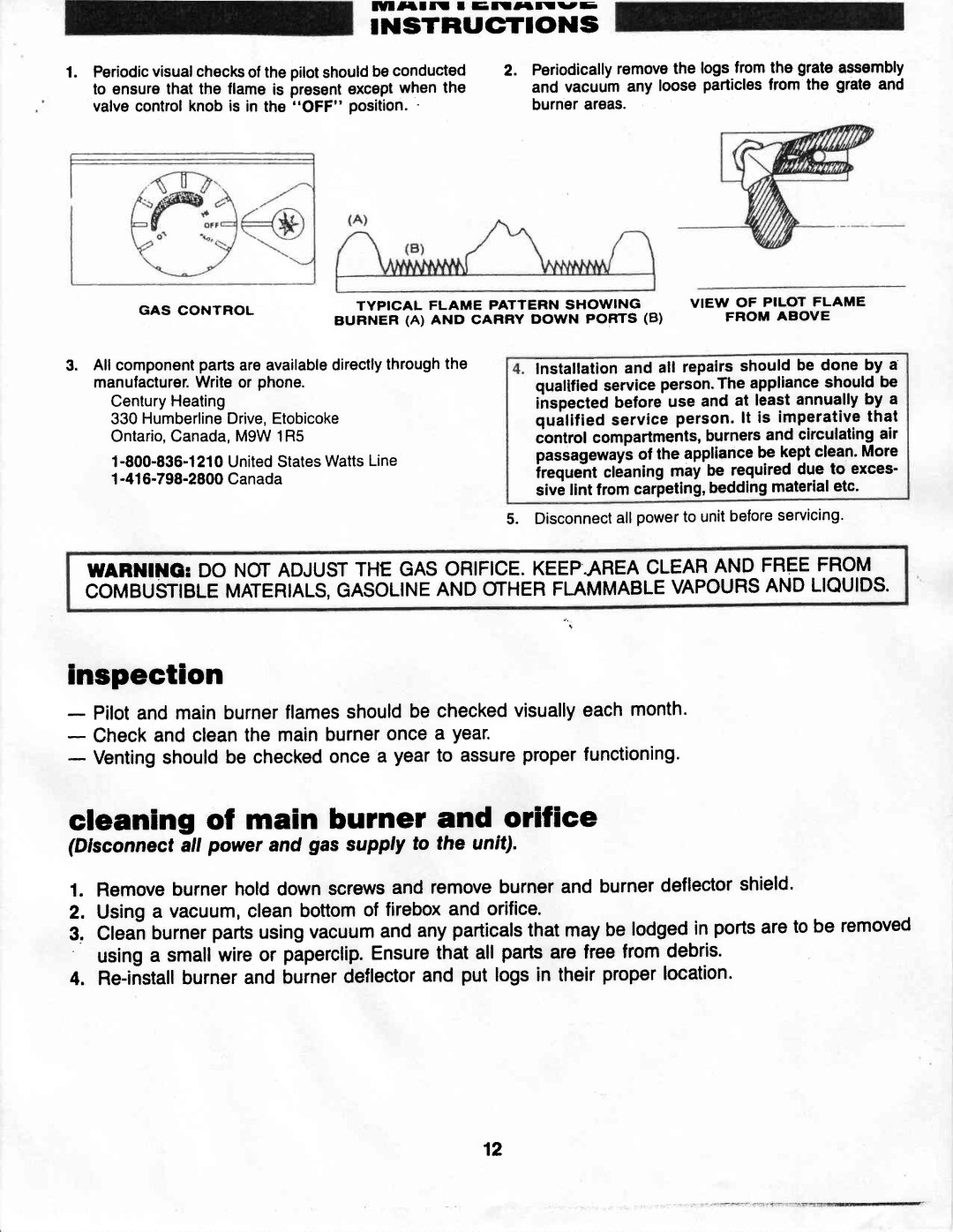 Vermont Casting G400 owner manual Inspection, Cleaning of main burner and orifice 