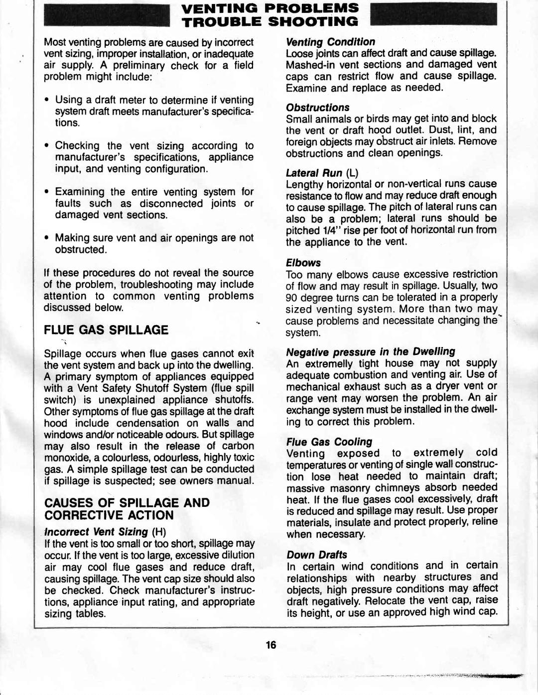 Vermont Casting G400 owner manual Fluegasspillage, Causesof Spillageand Correctiveaction 