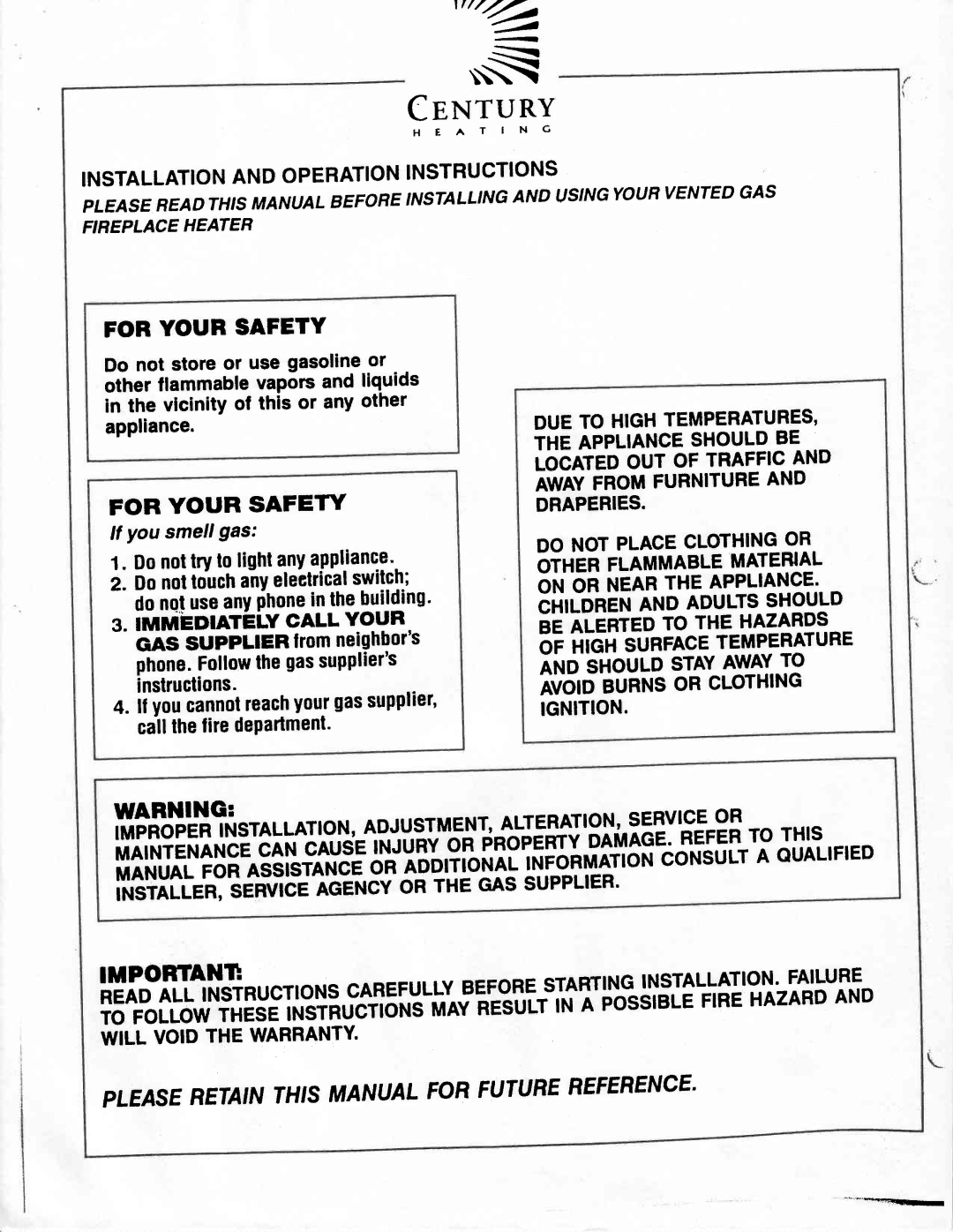 Vermont Casting G400 owner manual For Youb Safety, For Your Safety, Gassupplier 