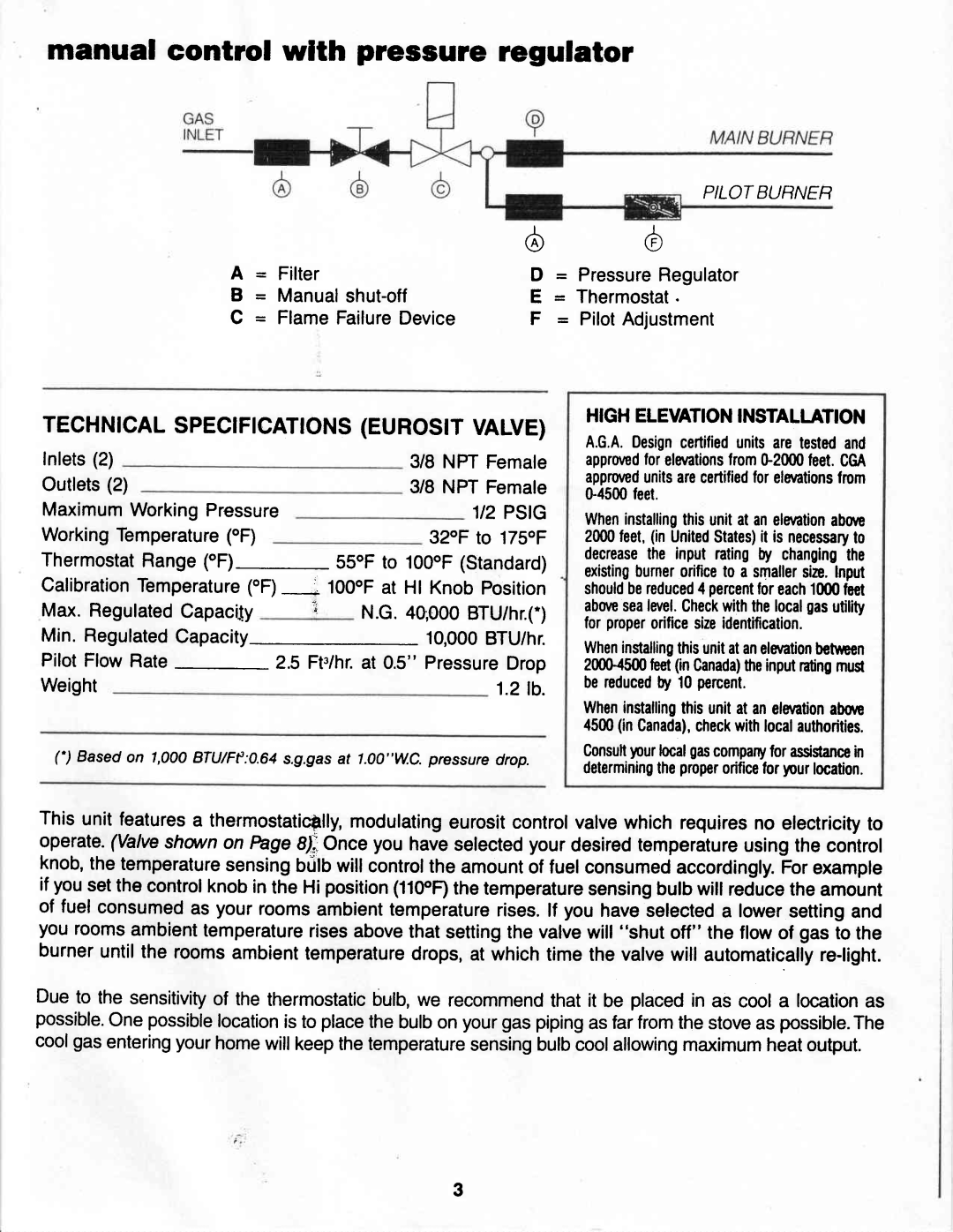 Vermont Casting G400 owner manual Manual control wlth pressure regulator, Techntcalspecficatonseurostvalve 