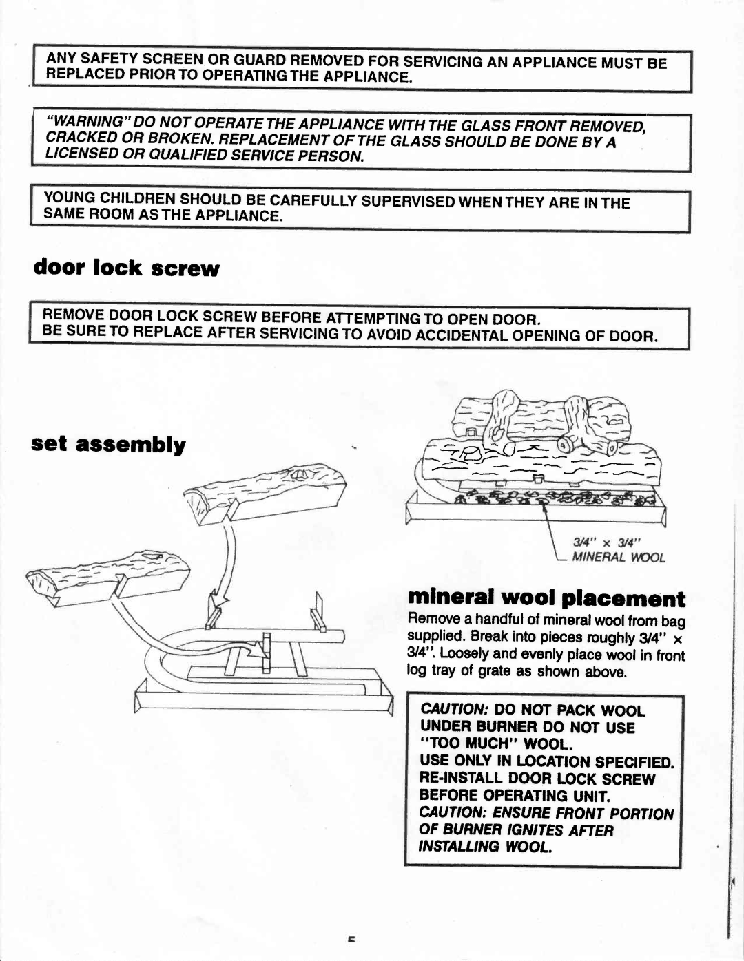 Vermont Casting G400 owner manual Door lock screw, Set assembly Mlneral wool placement 