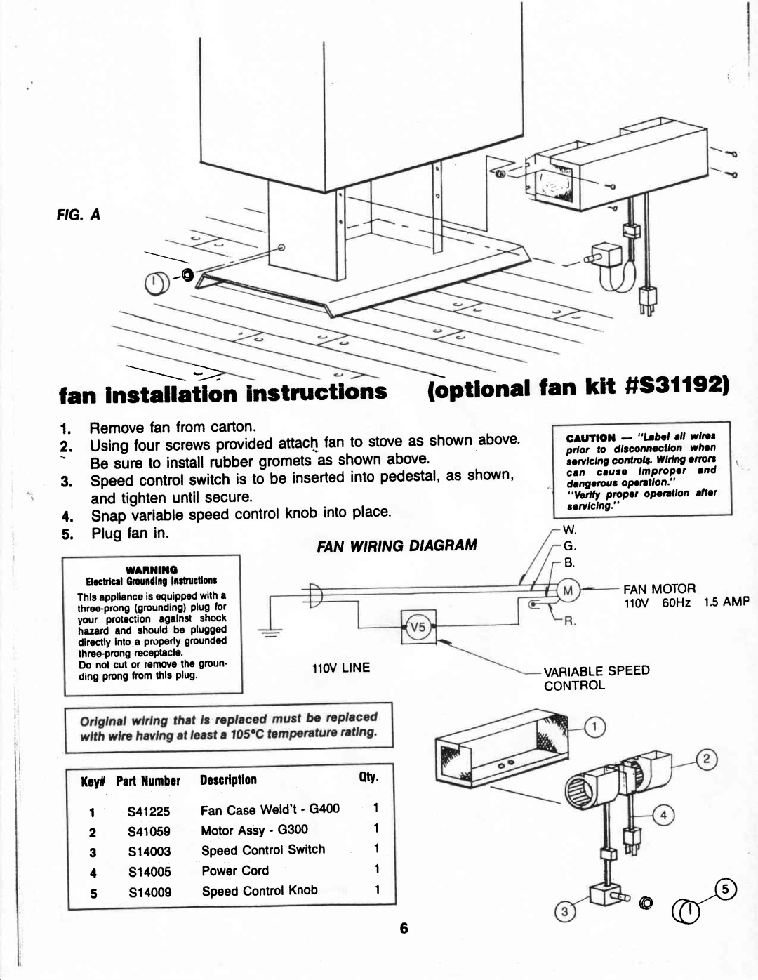 Vermont Casting G400 owner manual Fan lnstallatlon instructlons ipttonal fan klt #S3rr92l, Variablespeed Control 