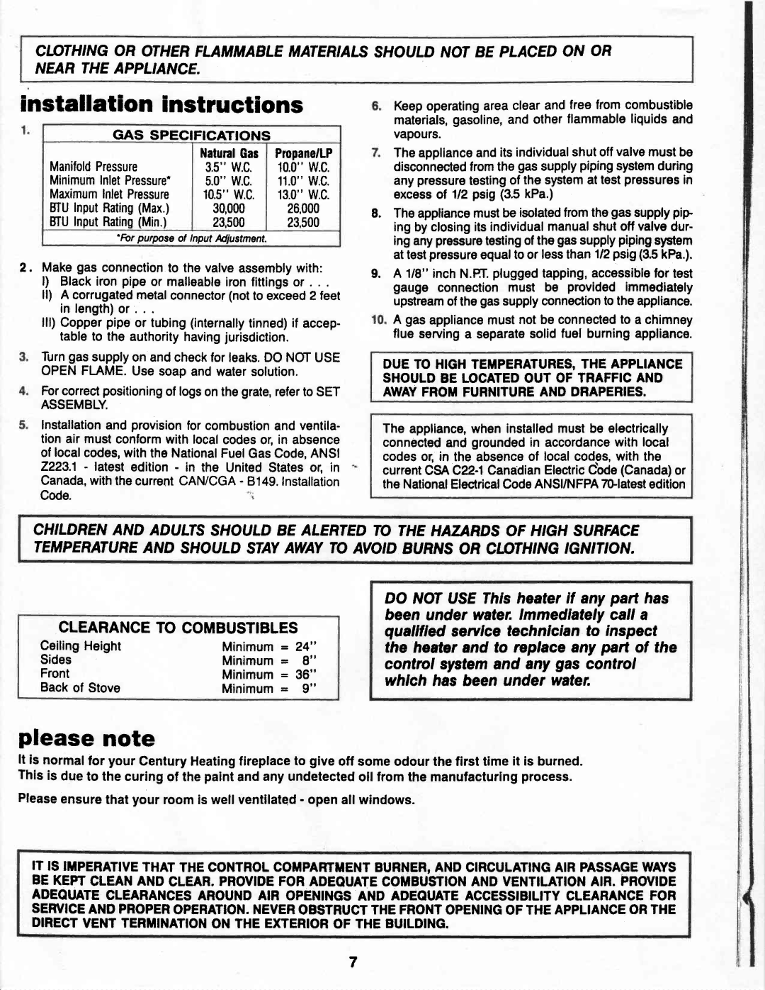 Vermont Casting G400 owner manual Installation instructions, Please note, GAS Specifications 