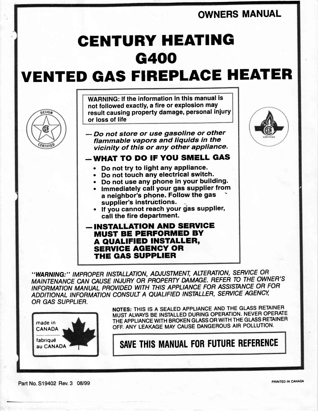 Vermont Casting G400 owner manual Ownersmanual, Genturyheating, Ventedgas Fireplageheater, Whatto Do If You Smell Gas 