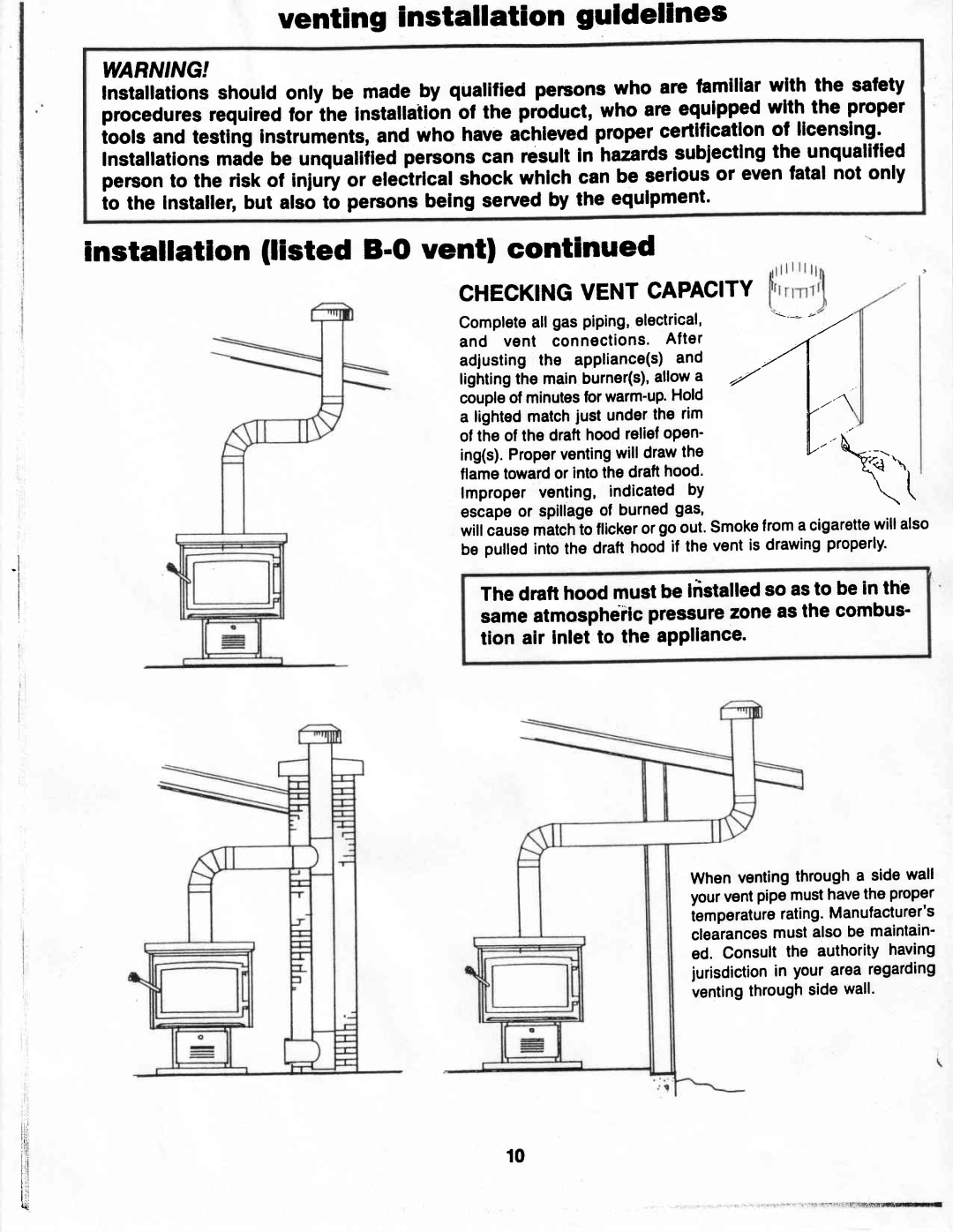 Vermont Casting G400 owner manual venting installation guldellnes, installatlon llisted B.OYentl continued, Warnng 