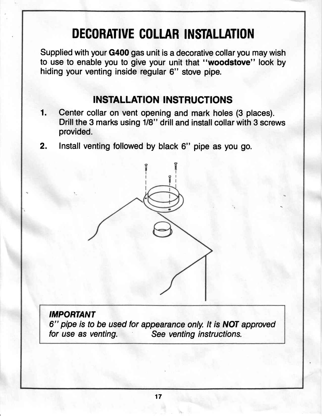 Vermont Casting G400 owner manual Decoratiuecoli.Arinstallation, Installationnstructions 
