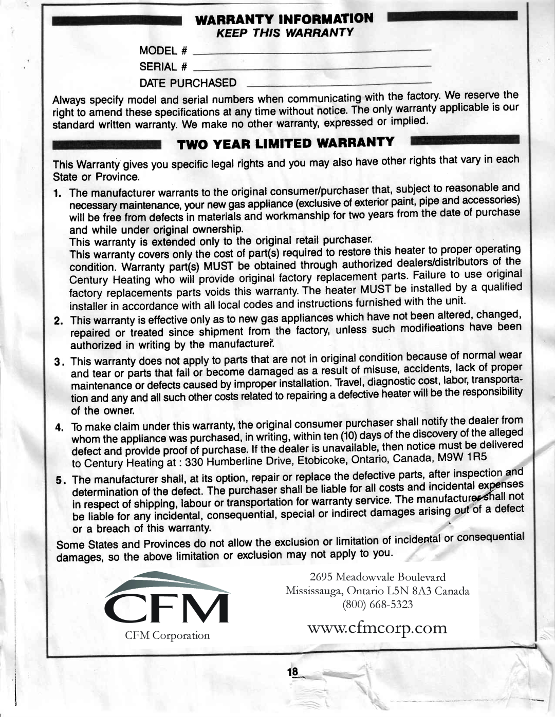 Vermont Casting G400 owner manual CFM Corporation, Meadowvale Boulevard, Mississauga, Ontario L5N 8A3 Canada 