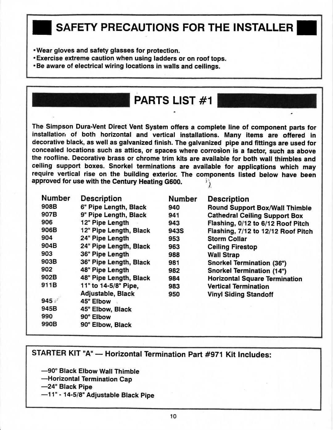 Vermont Casting G600 manual SAFETYPREcAUTIoNSFoRTHEINSTALLER, PARTSLIST#1 