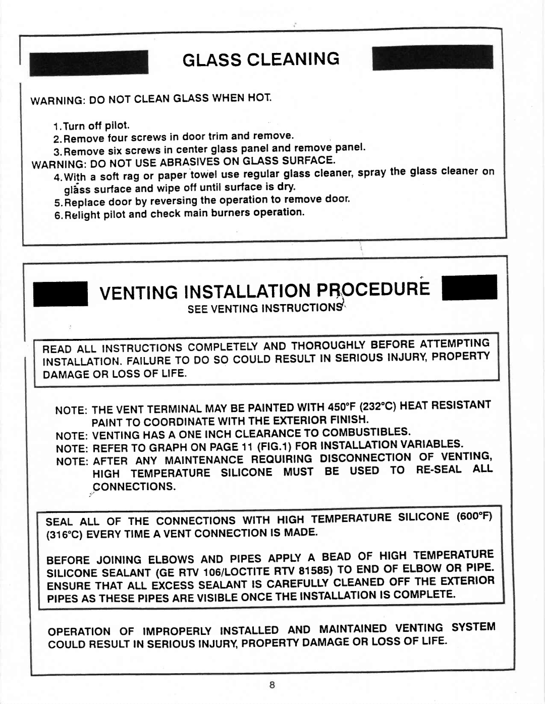 Vermont Casting G600 manual VENTINGl,J,flhT*Ii?,i,B\OCEDURE, Glasscleaning 