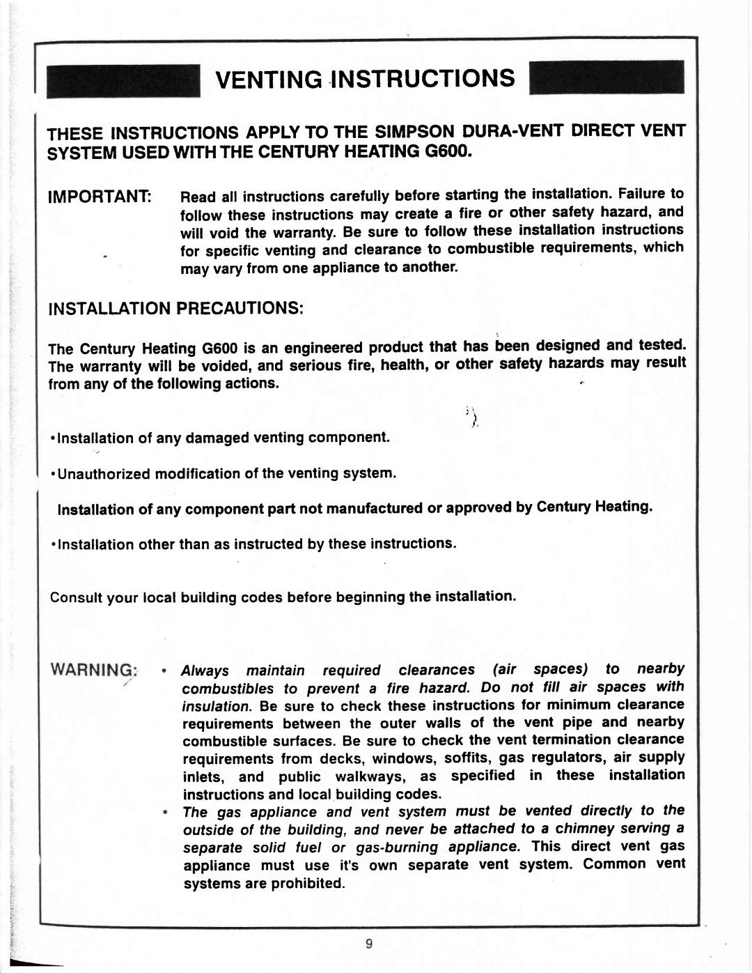 Vermont Casting G600 manual Ventinginstructions, Instaliation Precautions 