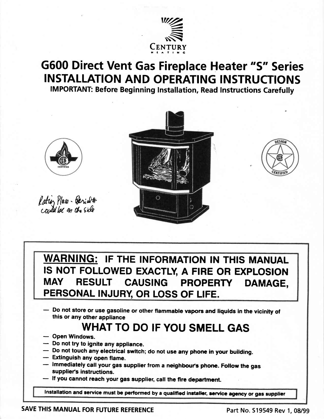 Vermont Casting manual 9rlrtsy, G600Directvent GasFireplace s Heater series, Whatto Do Ifyousmellgas, ep ldrt \lor 
