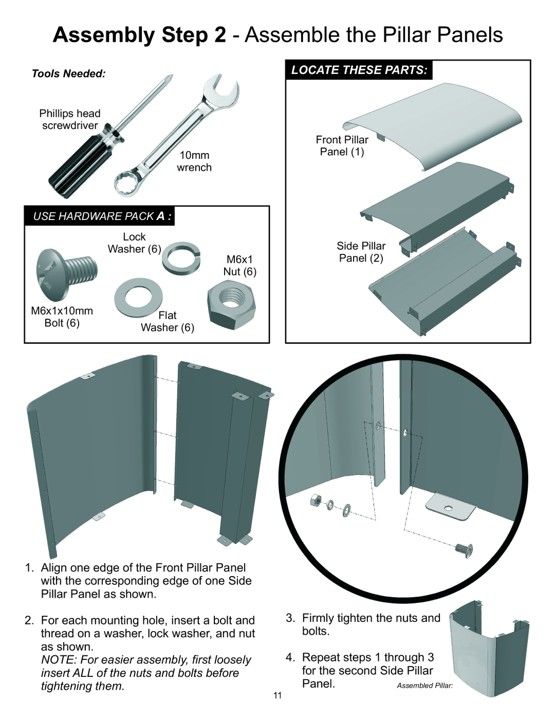 Vermont Casting Gas Grill owner manual Assembly Assemble the Pillar Panels, Tools Needed 