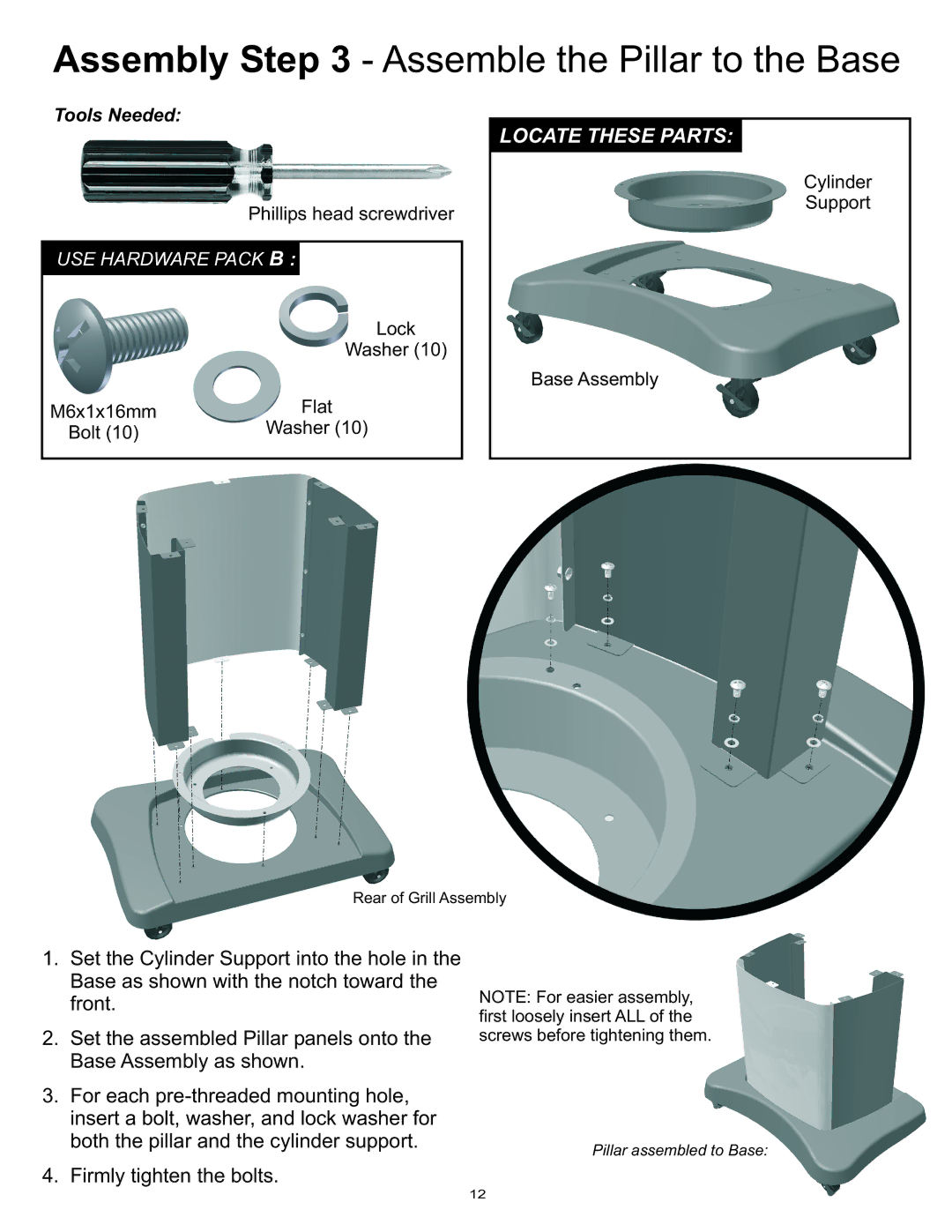 Vermont Casting Gas Grill owner manual Assembly Assemble the Pillar to the Base 