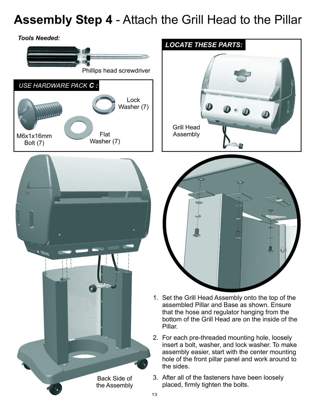 Vermont Casting Gas Grill owner manual Assembly Attach the Grill Head to the Pillar 