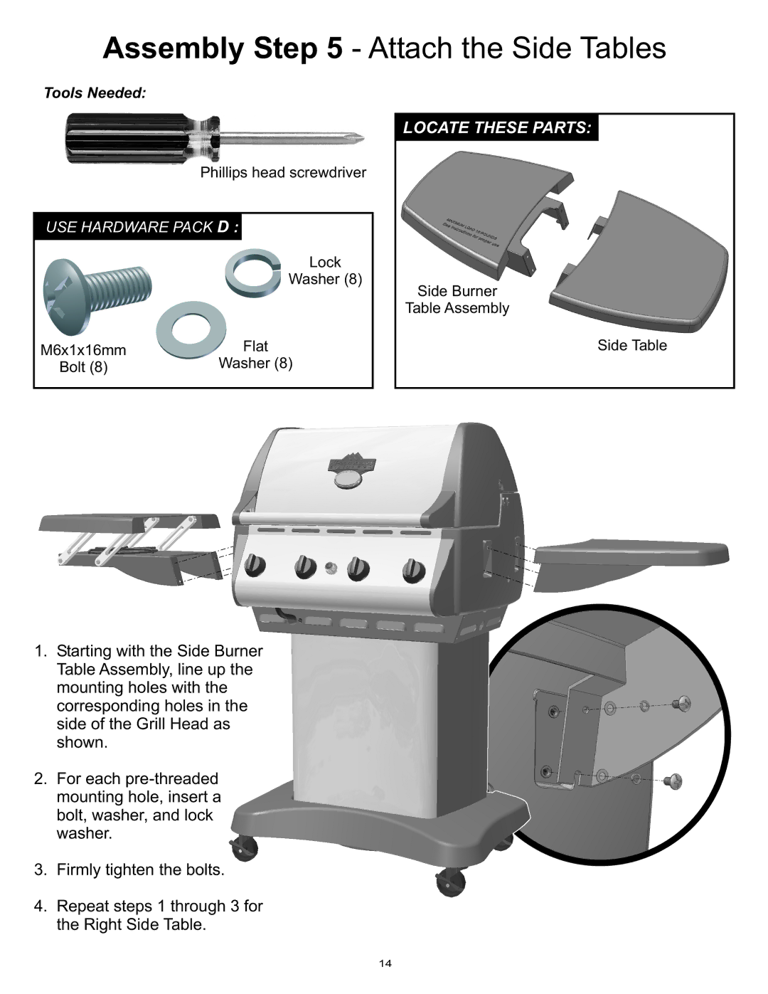 Vermont Casting Gas Grill owner manual Assembly Attach the Side Tables 