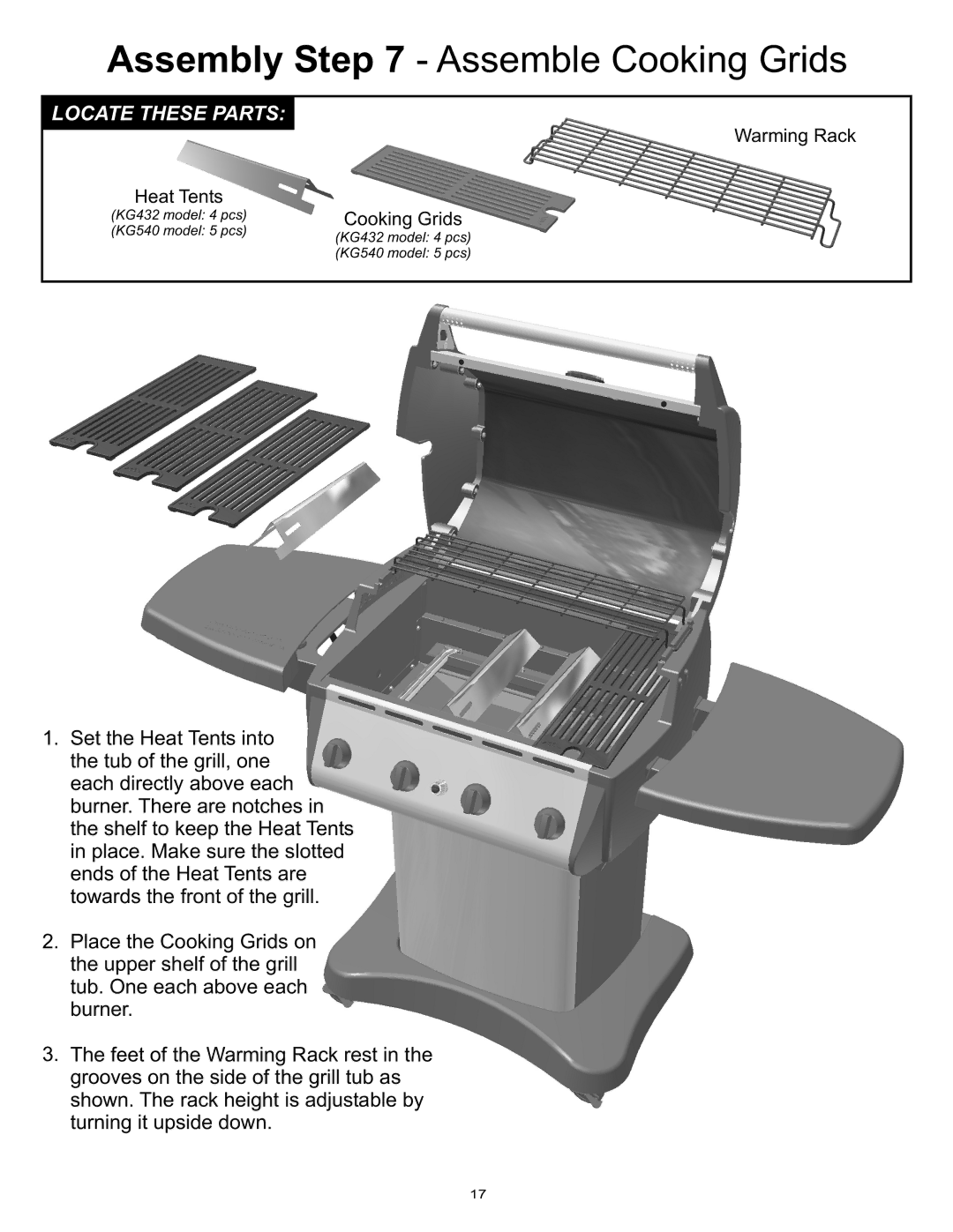 Vermont Casting Gas Grill owner manual Assembly Assemble Cooking Grids 