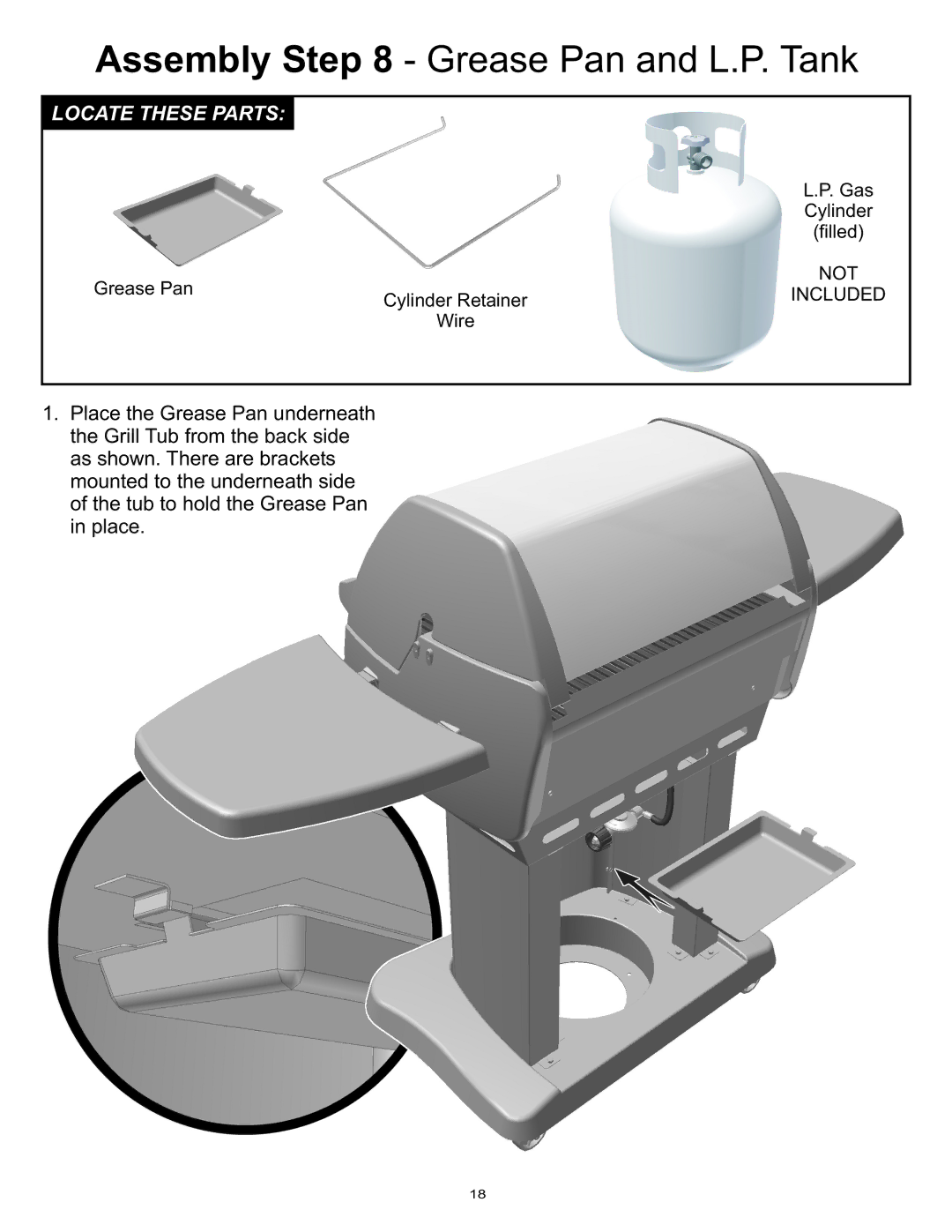 Vermont Casting Gas Grill owner manual Assembly Grease Pan and L.P. Tank 