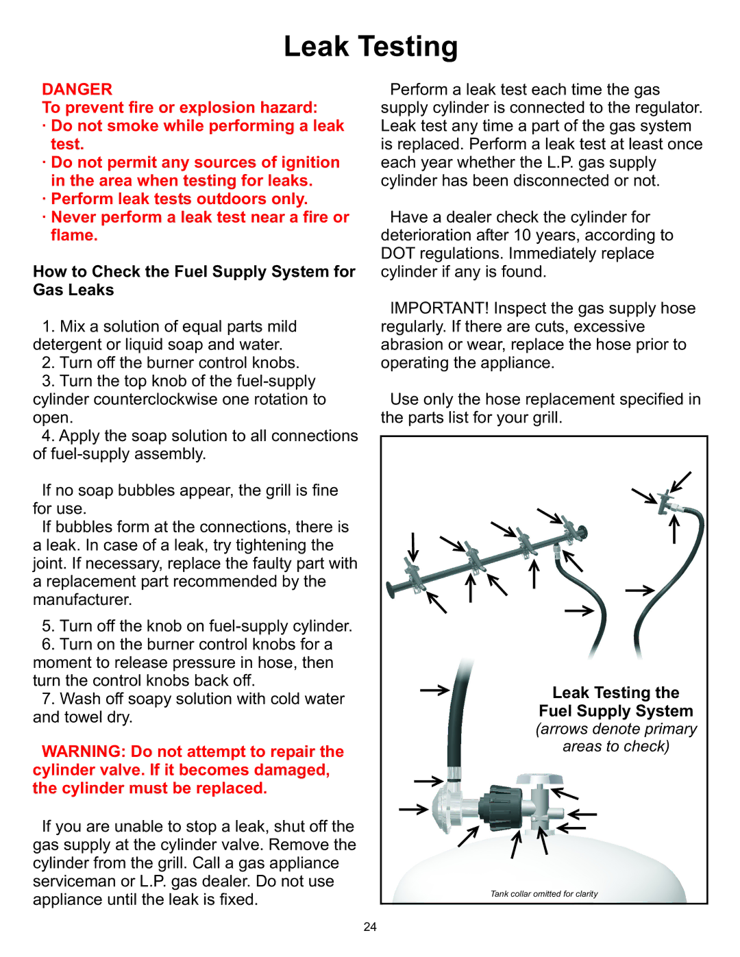 Vermont Casting Gas Grill owner manual Leak Testing, How to Check the Fuel Supply System for Gas Leaks 