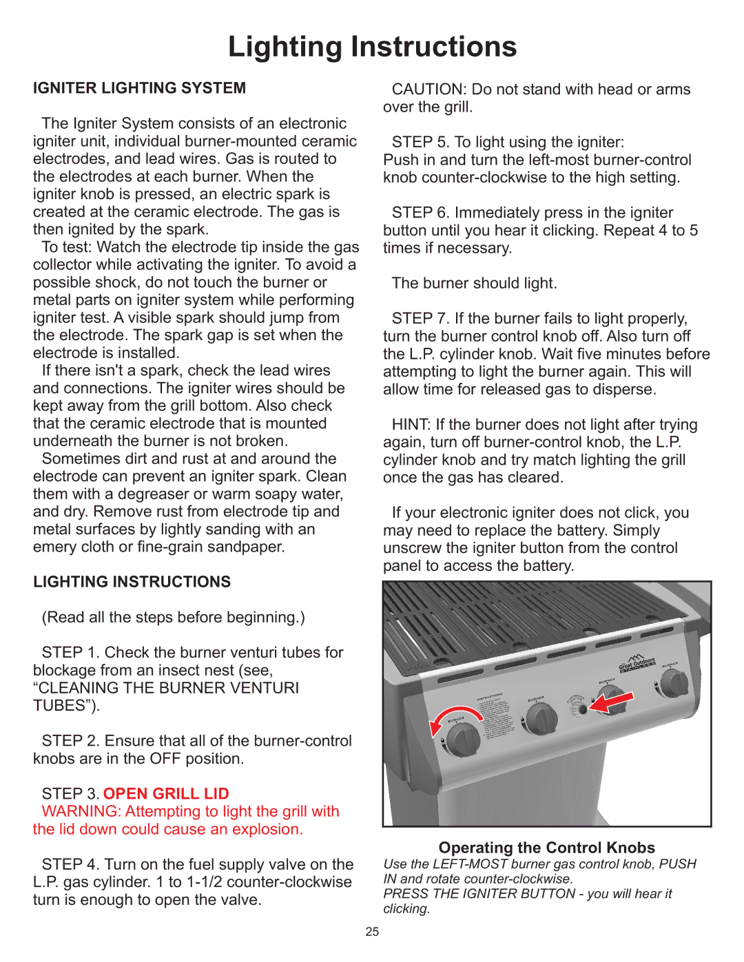 Vermont Casting Gas Grill owner manual Lighting Instructions, Igniter Lighting System 