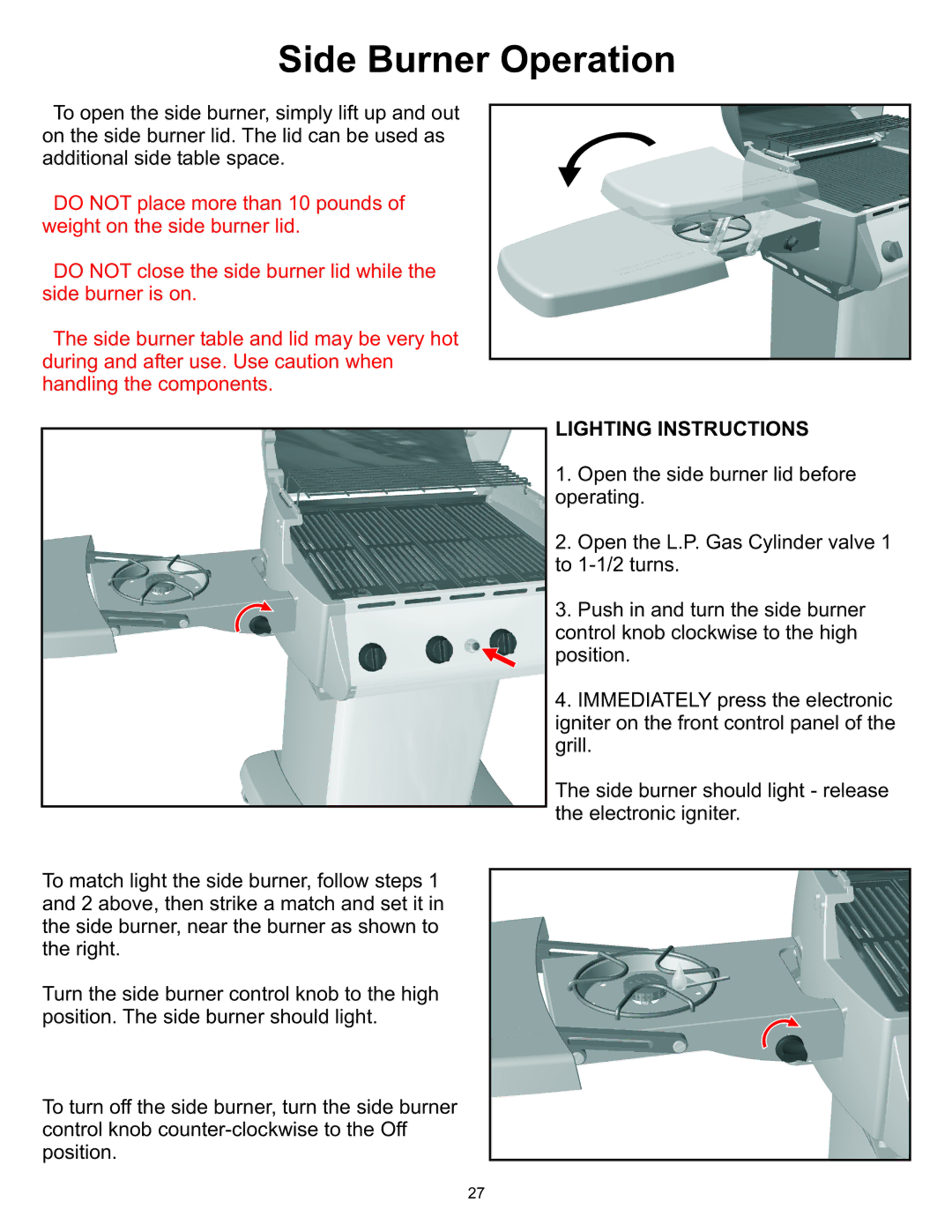 Vermont Casting Gas Grill owner manual Side Burner Operation 