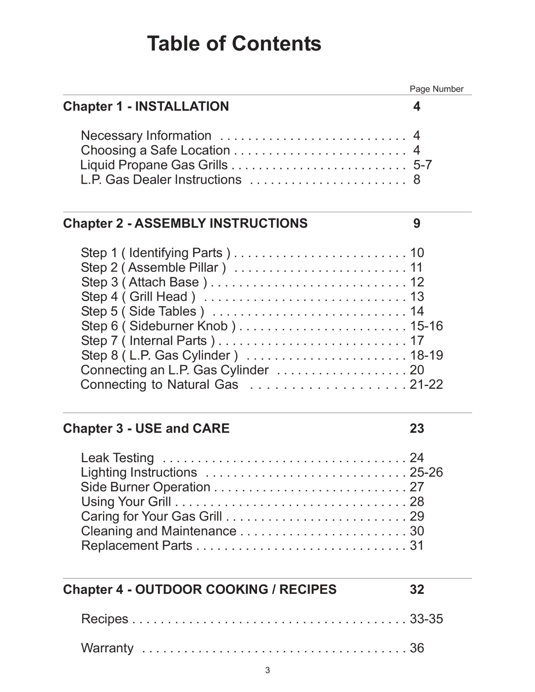 Vermont Casting Gas Grill owner manual Table of Contents 