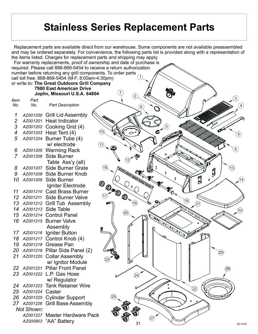 Vermont Casting Gas Grill owner manual Stainless Series Replacement Parts, Igniter Electrode 