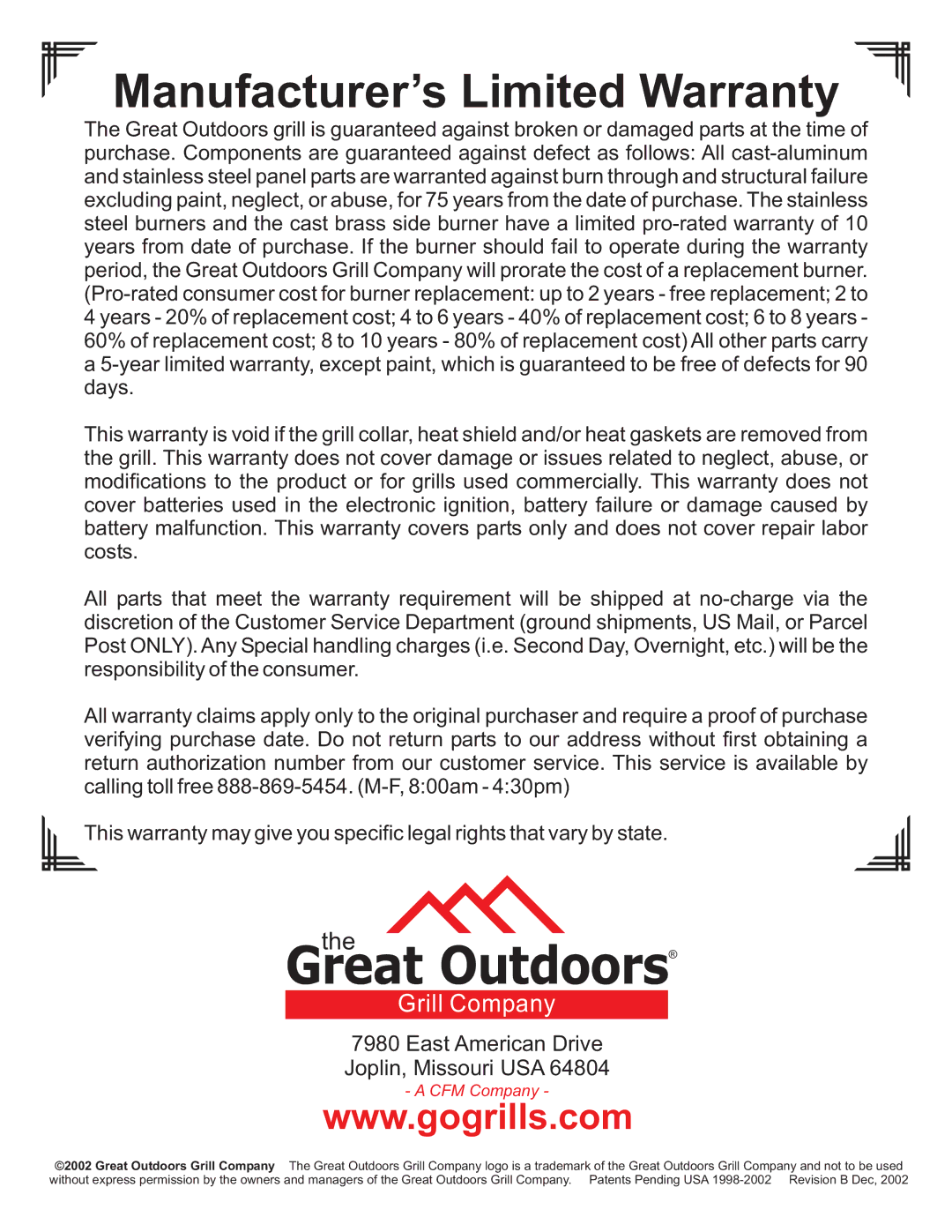 Vermont Casting Gas Grill owner manual Great Outdoors 