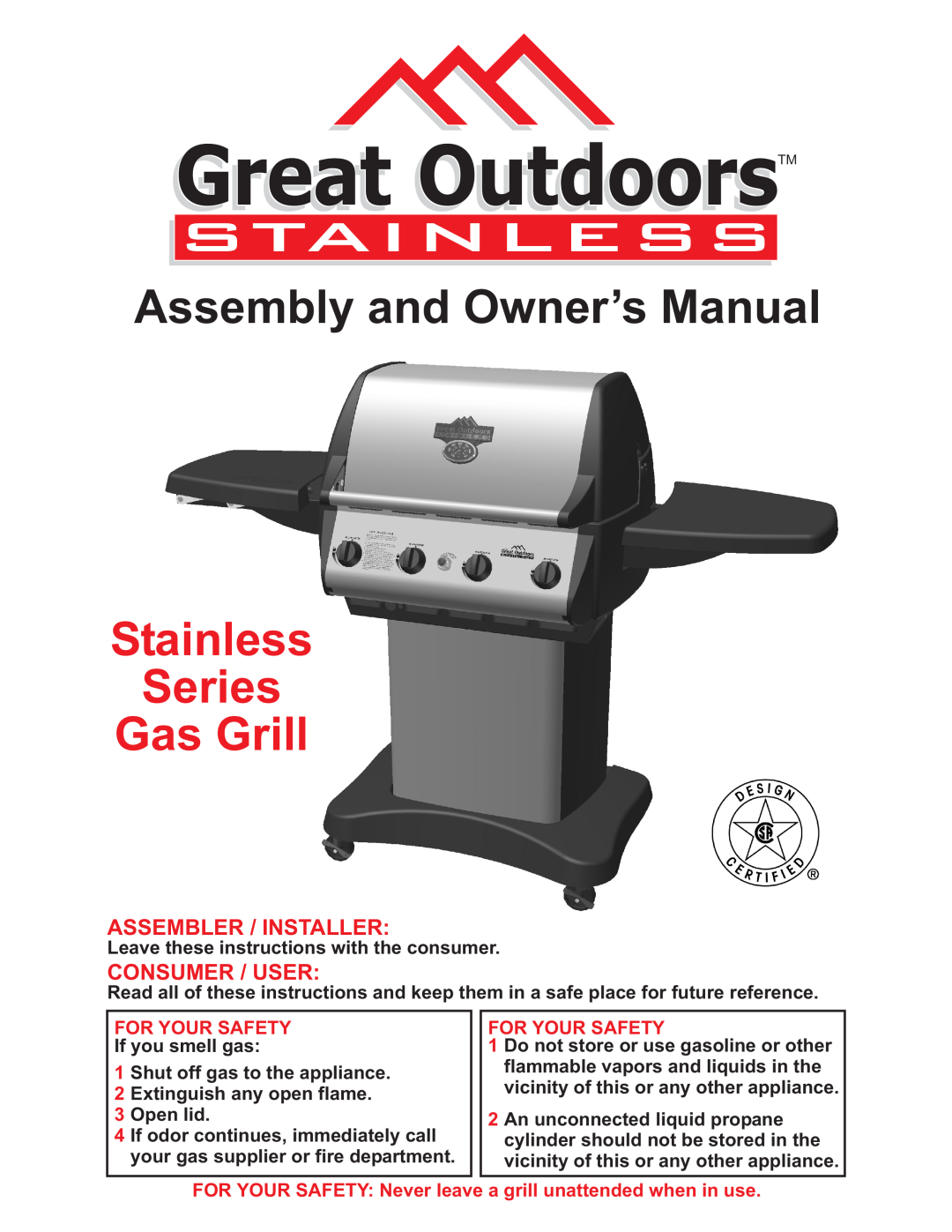 Vermont Casting owner manual Stainless Series Gas Grill, Great OutdoorsTM, Assembler / Installer, Consumer / User 