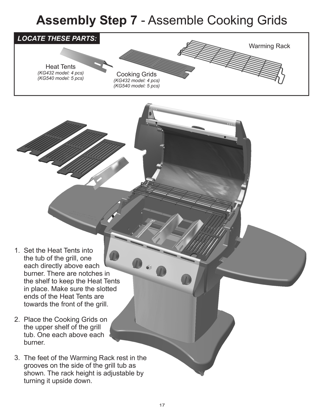 Vermont Casting Gas Grill owner manual Assembly - Assemble Cooking Grids, Locate These Parts, Heat Tents 