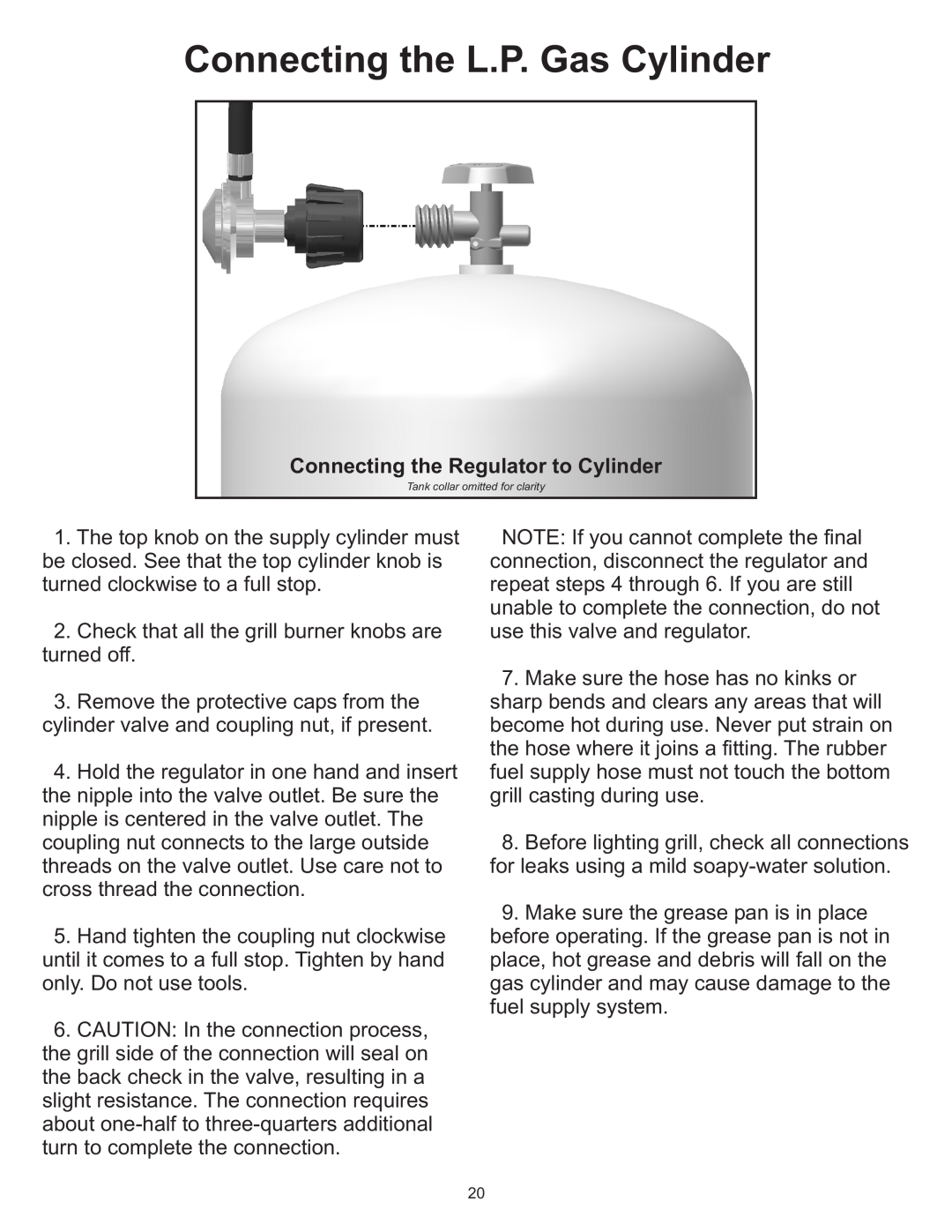 Vermont Casting Gas Grill owner manual Connecting the L.P. Gas Cylinder, Connecting the Regulator to Cylinder 