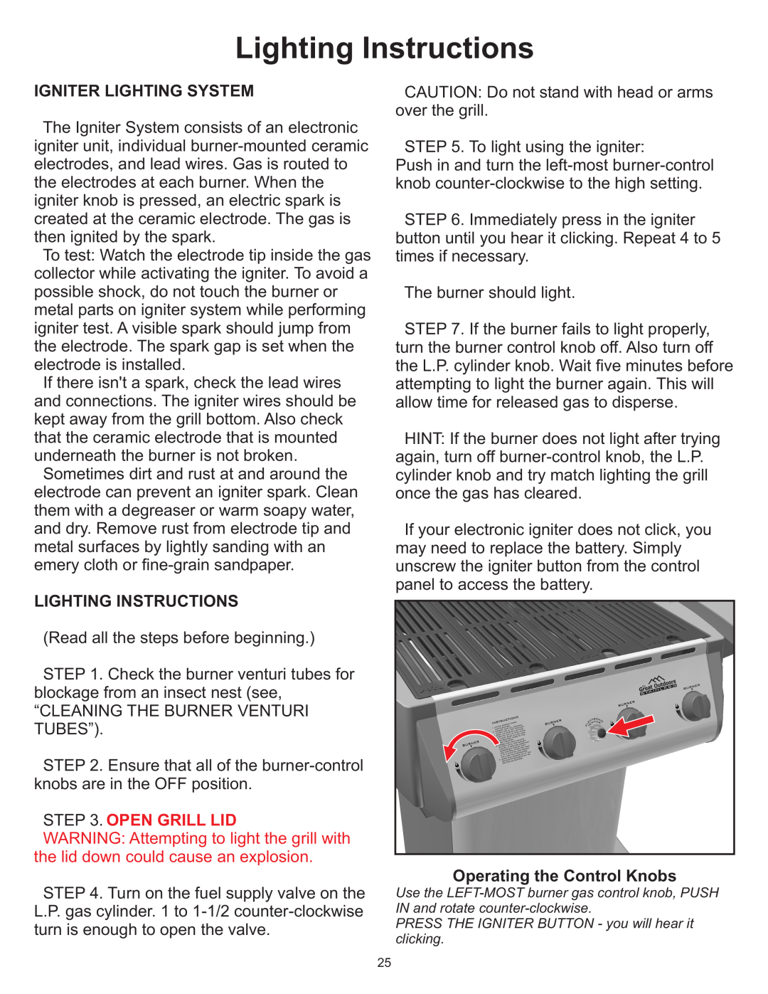 Vermont Casting Gas Grill Lighting Instructions, Igniter Lighting System, Open Grill Lid, Operating the Control Knobs 