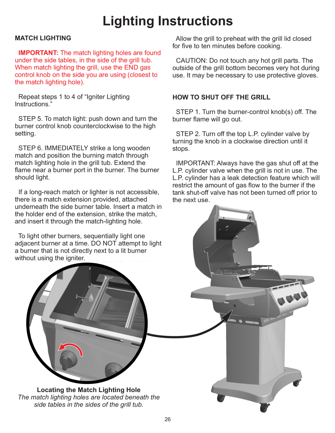Vermont Casting Gas Grill owner manual Lighting Instructions, Match Lighting, How To Shut Off The Grill 