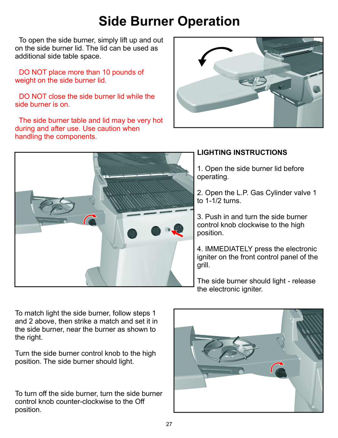 Vermont Casting Gas Grill owner manual Side Burner Operation, Lighting Instructions 