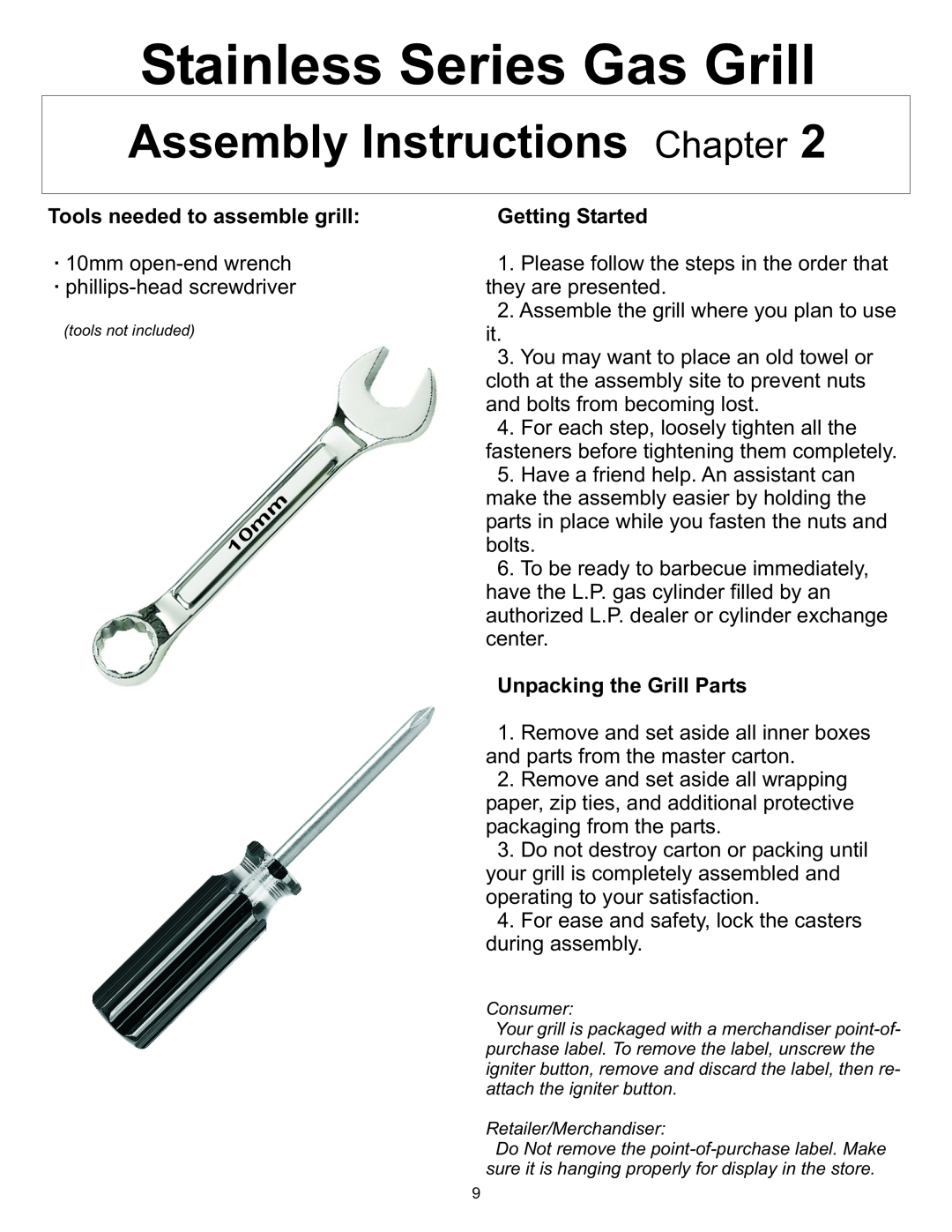 Vermont Casting owner manual Assembly Instructions Chapter, Stainless Series Gas Grill, Tools needed to assemble grill 