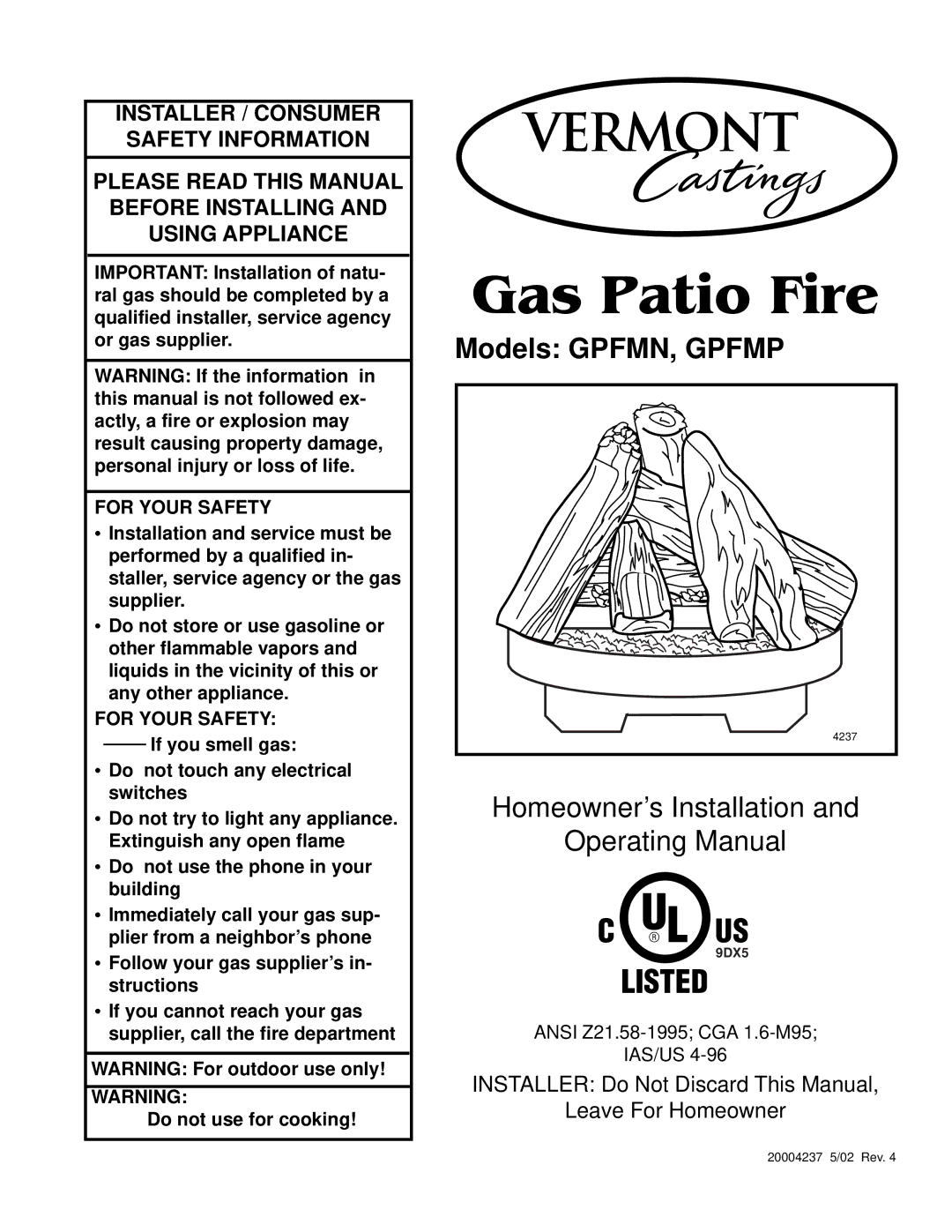 Vermont Casting GPFMP, GPFMN manual Gas Patio Fire 