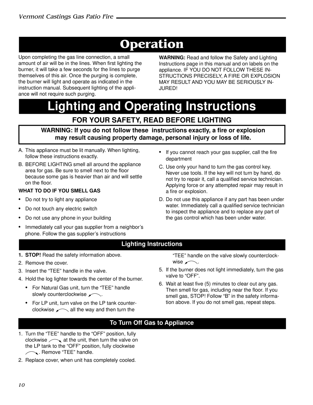 Vermont Casting GPFMN, GPFMP manual Lighting Instructions, To Turn Off Gas to Appliance 