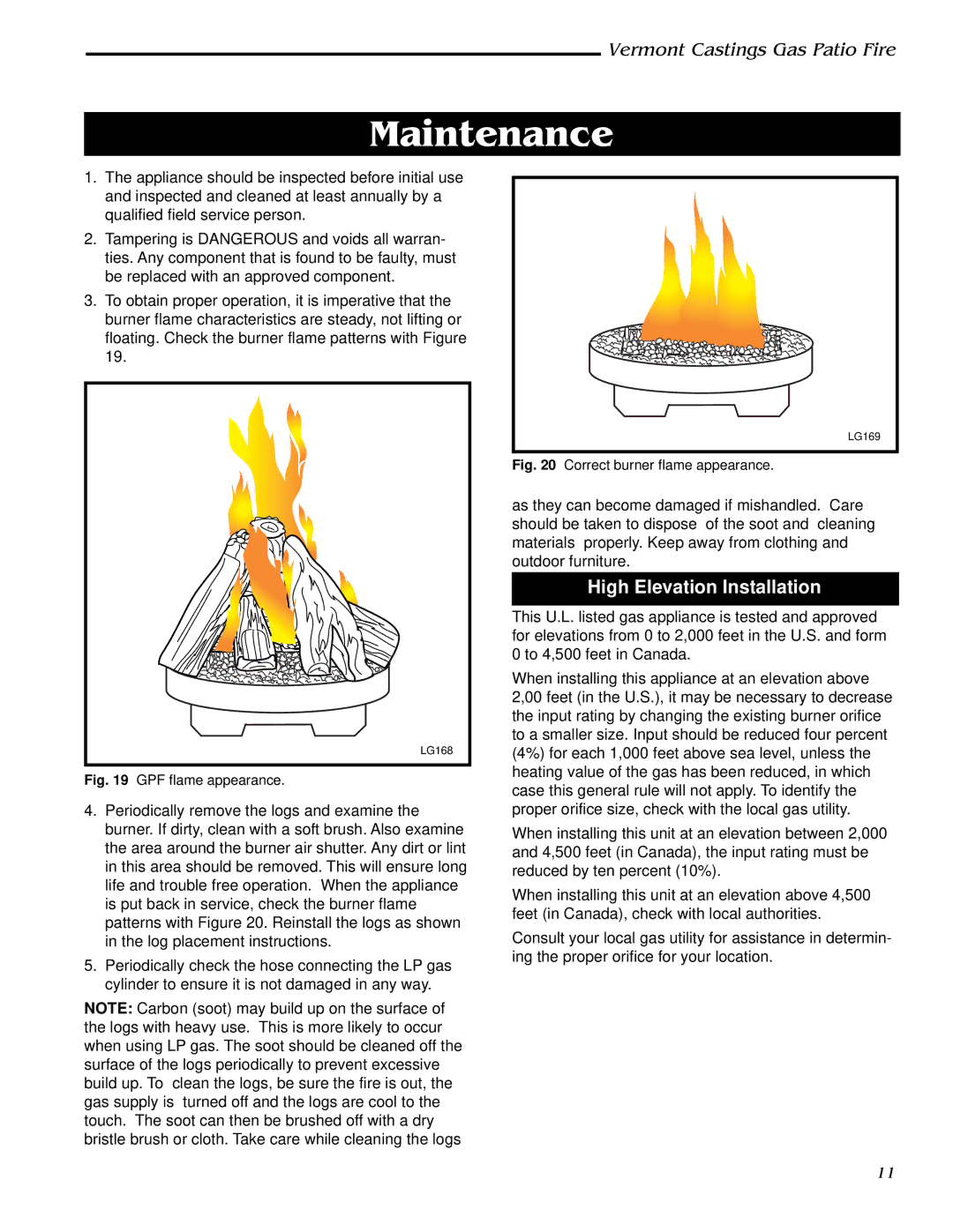 Vermont Casting GPFMP, GPFMN manual Maintenance, High Elevation Installation 