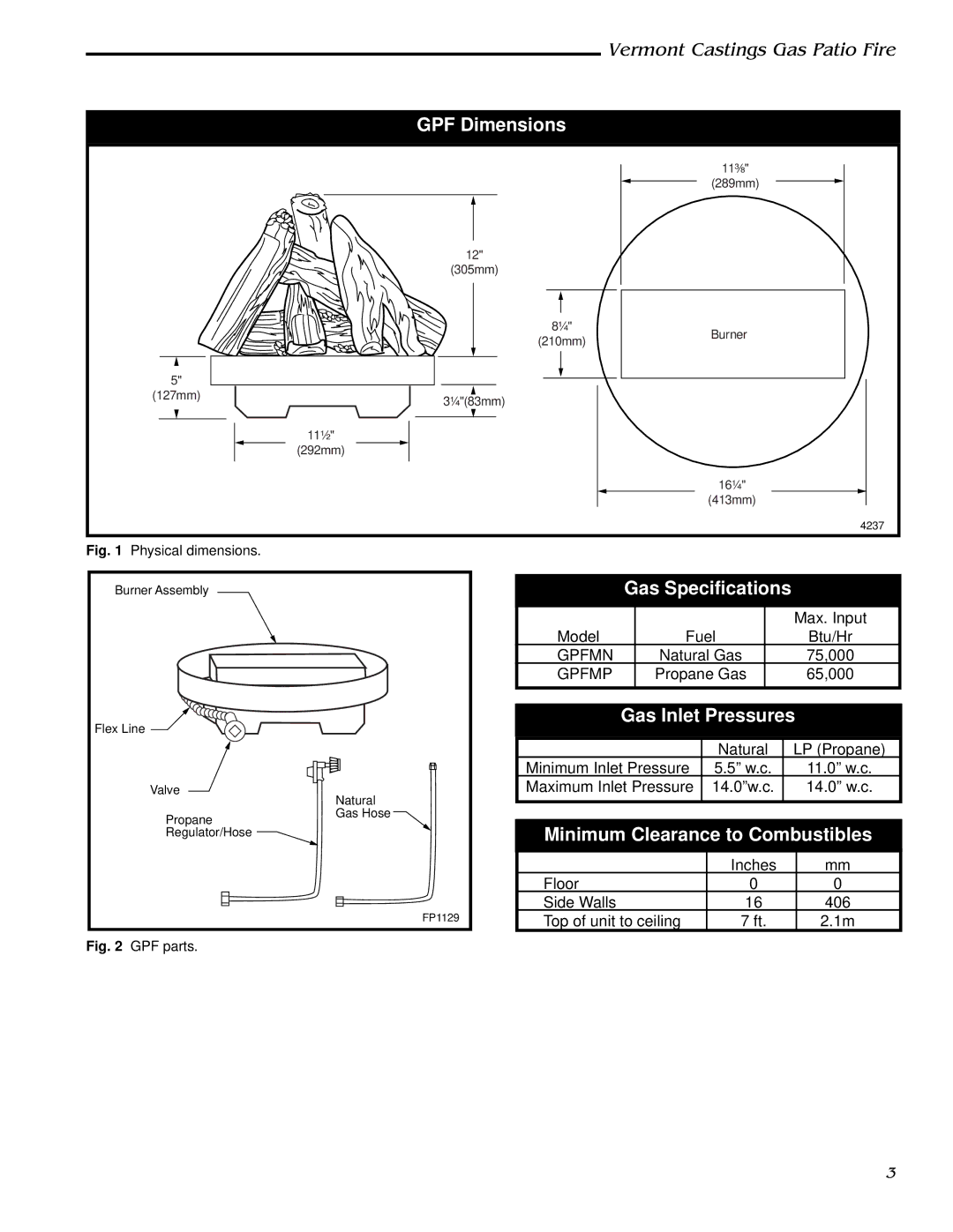 Vermont Casting GPFMP, GPFMN GPF Dimensions, Gas Specifications, Gas Inlet Pressures, Minimum Clearance to Combustibles 