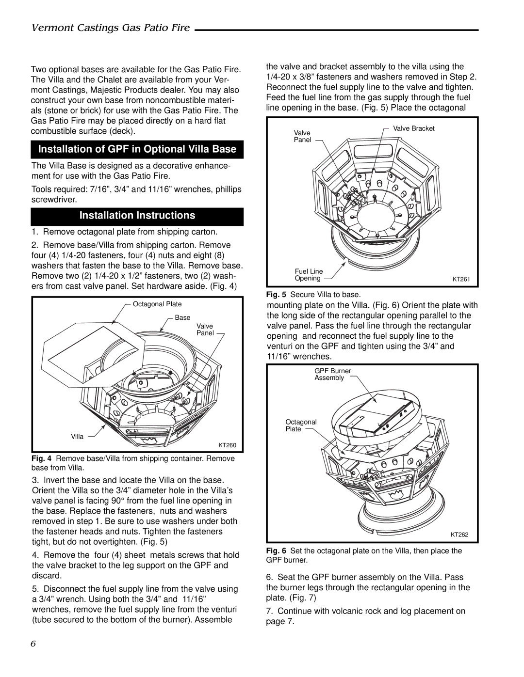 Vermont Casting GPFMN, GPFMP manual Installation of GPF in Optional Villa Base, Installation Instructions 