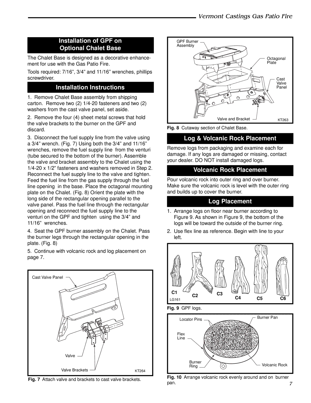 Vermont Casting GPFMP, GPFMN Installation of GPF on Optional Chalet Base, Log & Volcanic Rock Placement, Log Placement 