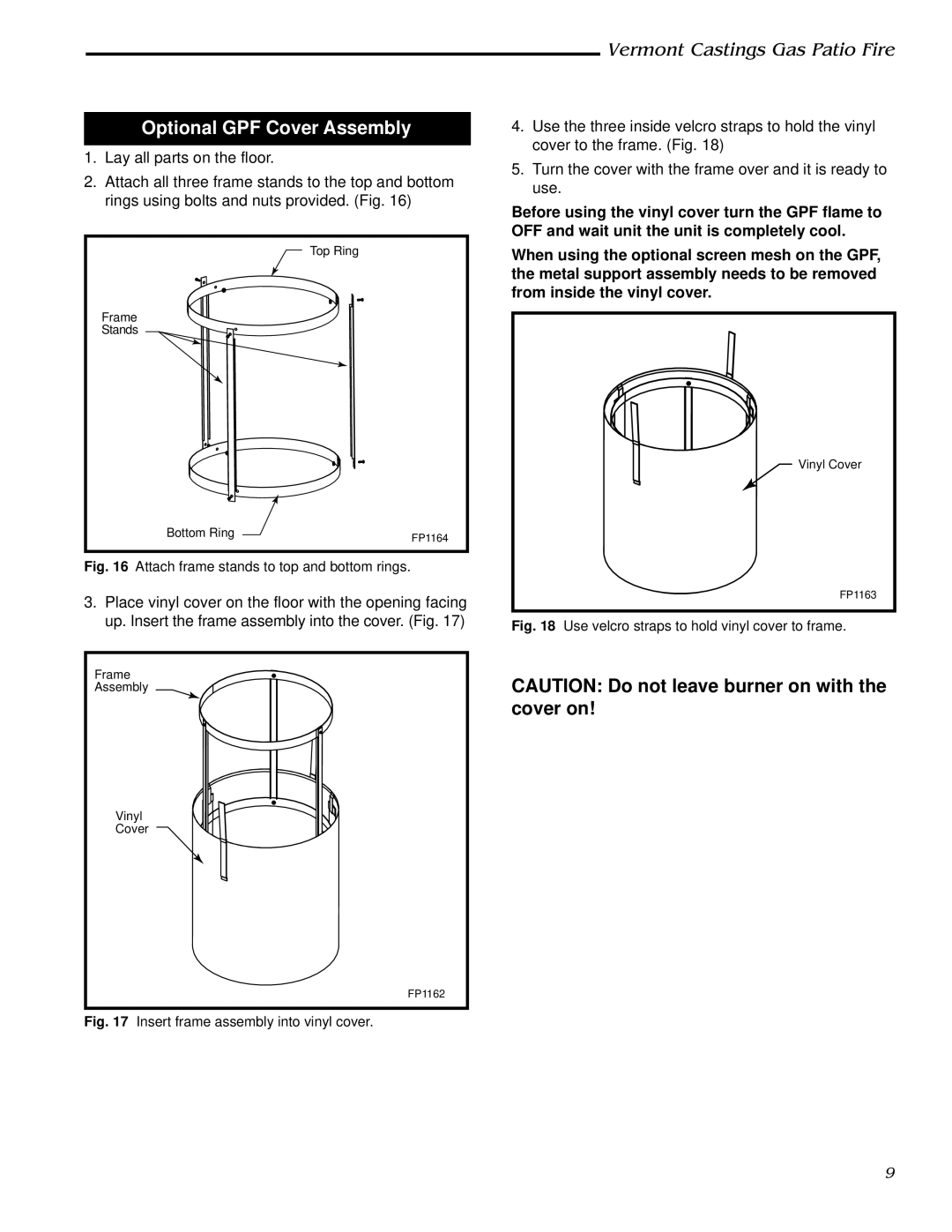 Vermont Casting GPFMP, GPFMN manual Optional GPF Cover Assembly, Attach frame stands to top and bottom rings 