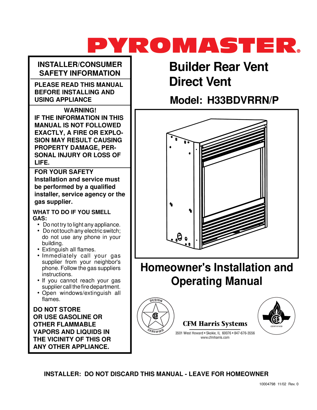 Vermont Casting H33BDVRRNP manual Builder Rear Vent Direct Vent 