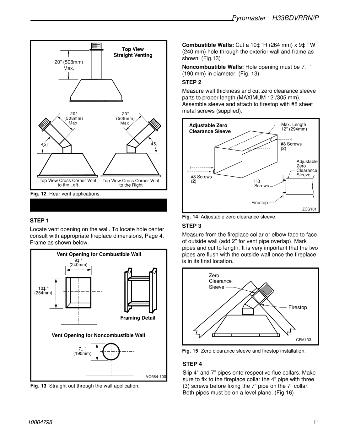 Vermont Casting H33BDVRRNP manual Rear Wall Installations, Straight Venting 