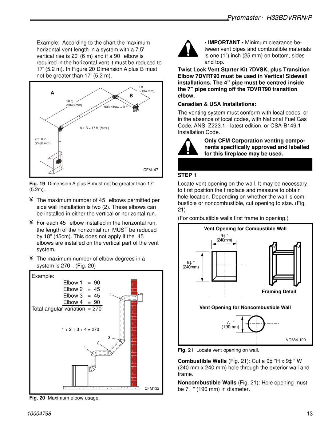 Vermont Casting H33BDVRRNP manual Vertical Sidewall Installations, Maximum elbow usage 